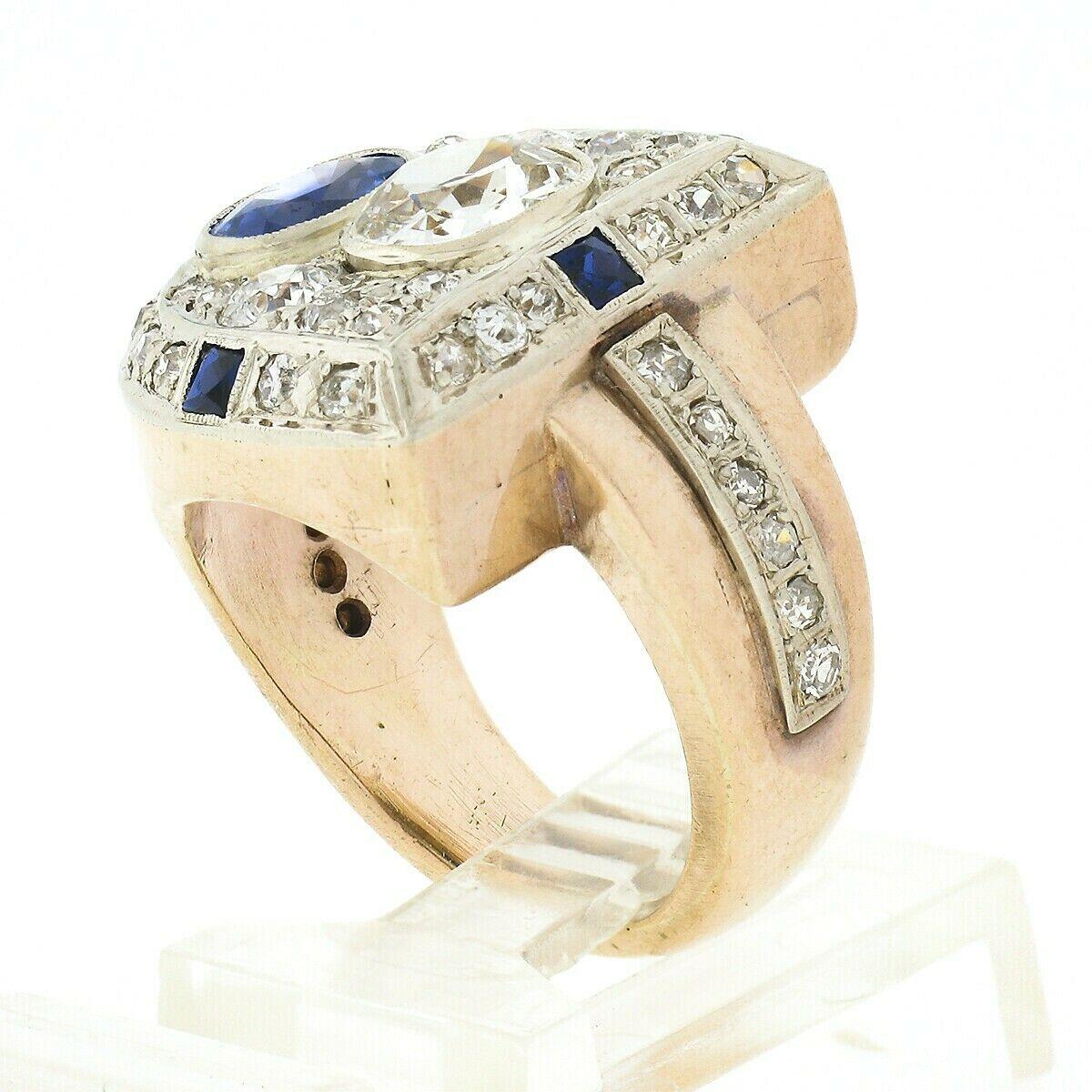 Antique Retro 14K Gold 3.65ct Bezel GIA Cushion Diamond & Sapphire Cocktail Ring For Sale 4