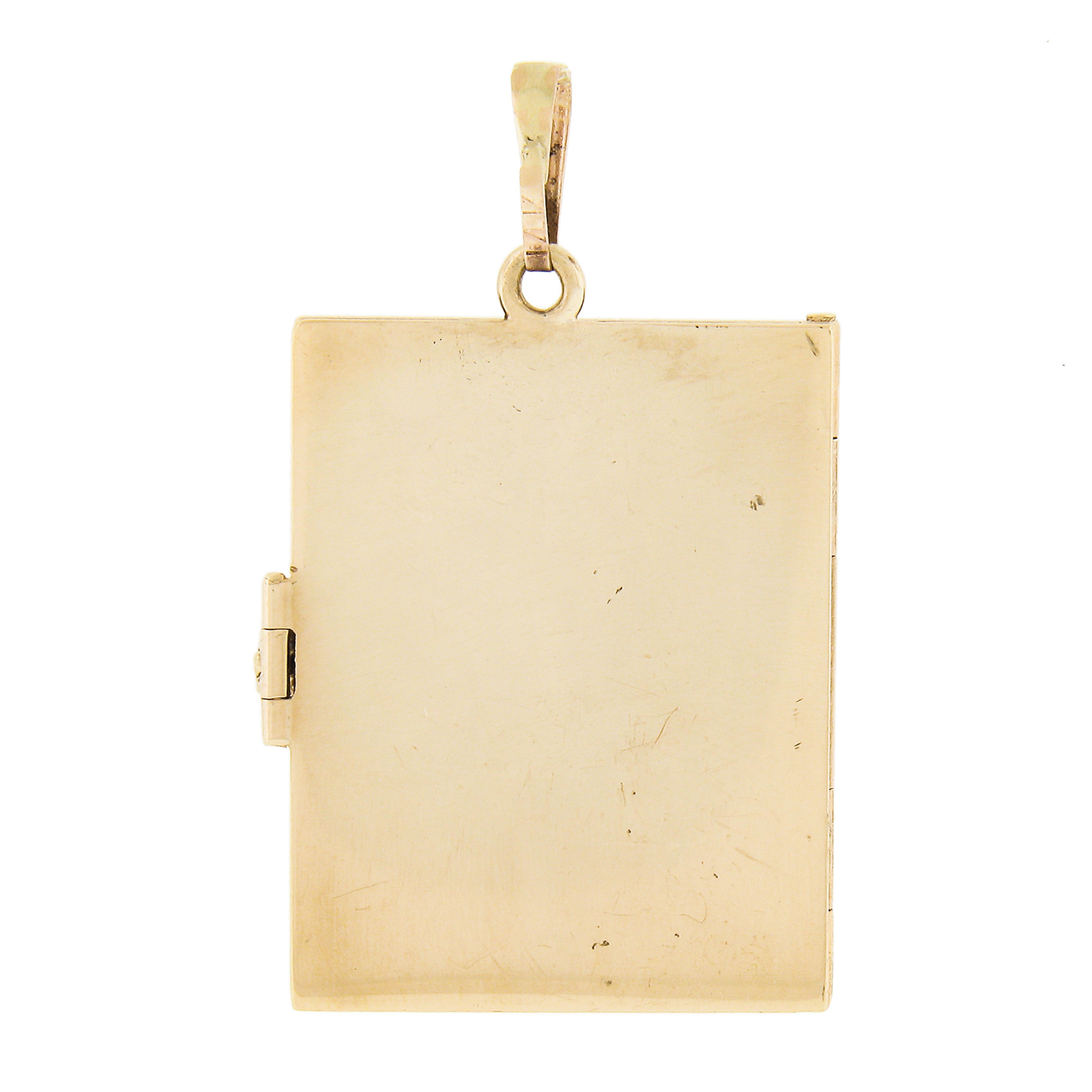 Women's or Men's Antique Retro 14k Yellow Gold Sapphire Engravable Book Locket Charm Pendant