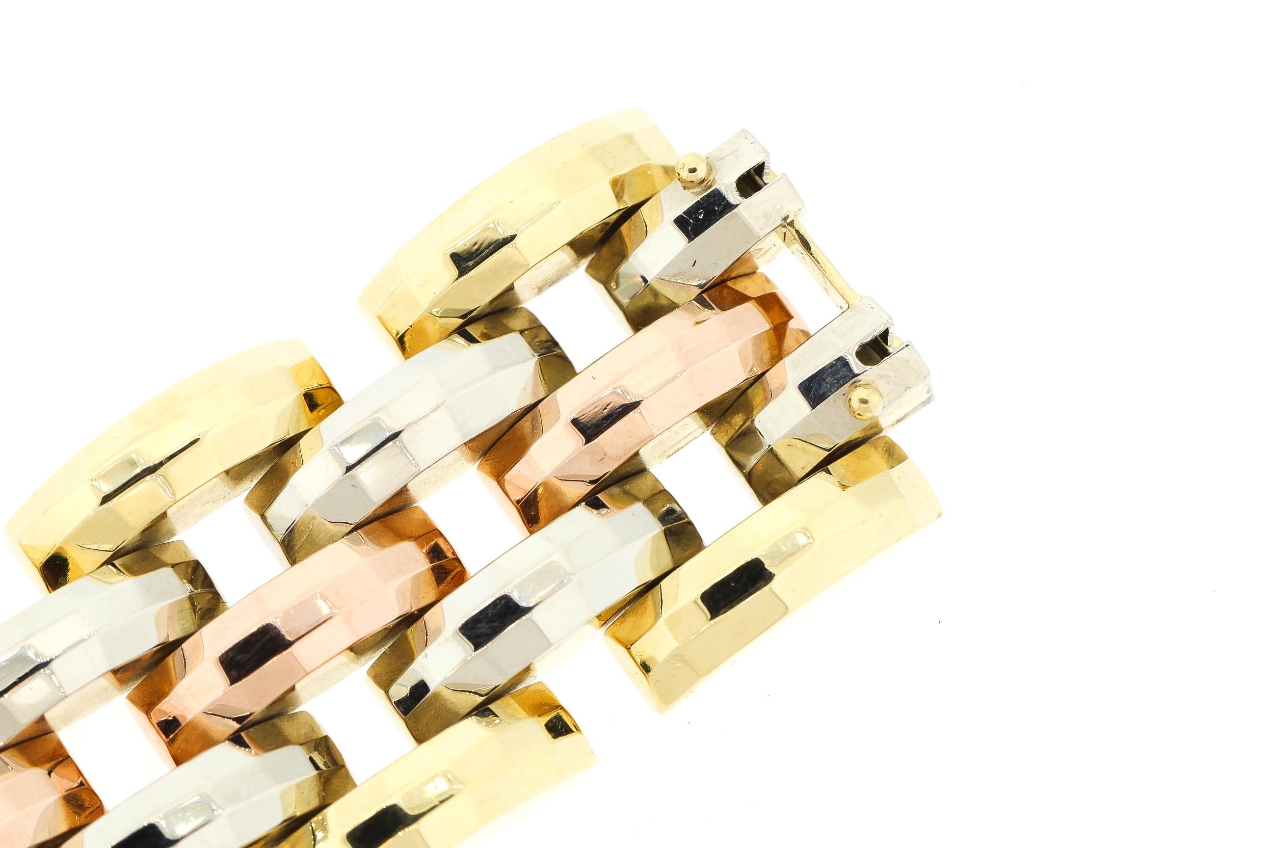 Antikes Retro 18 Karat Tri-Color Gold Facettiertes Gliederarmband Tank für Damen oder Herren