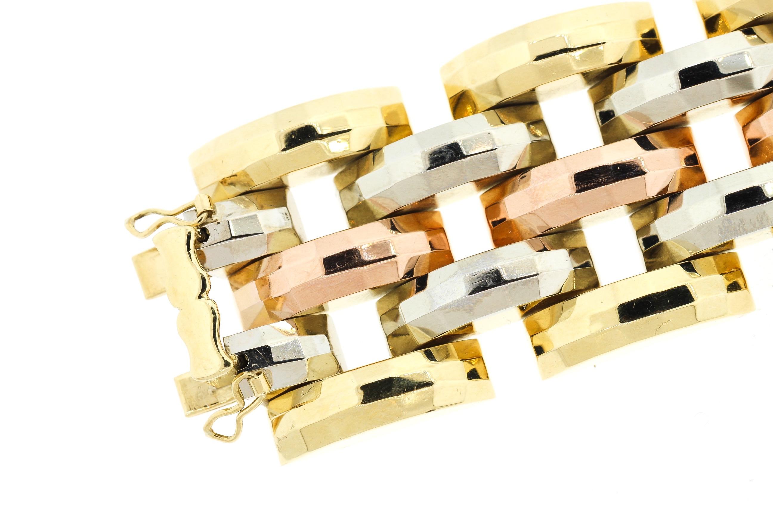 Antikes Retro 18 Karat Tri-Color Gold Facettiertes Gliederarmband Tank 1