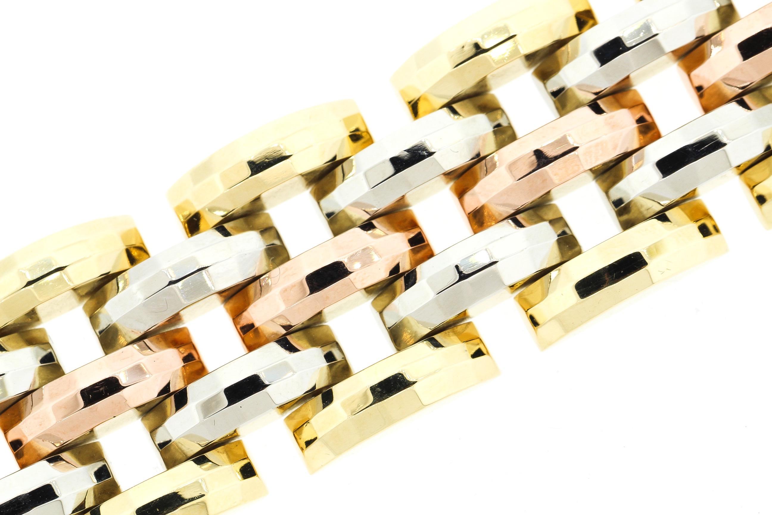 Antikes Retro 18 Karat Tri-Color Gold Facettiertes Gliederarmband Tank im Zustand „Gut“ in New York, NY