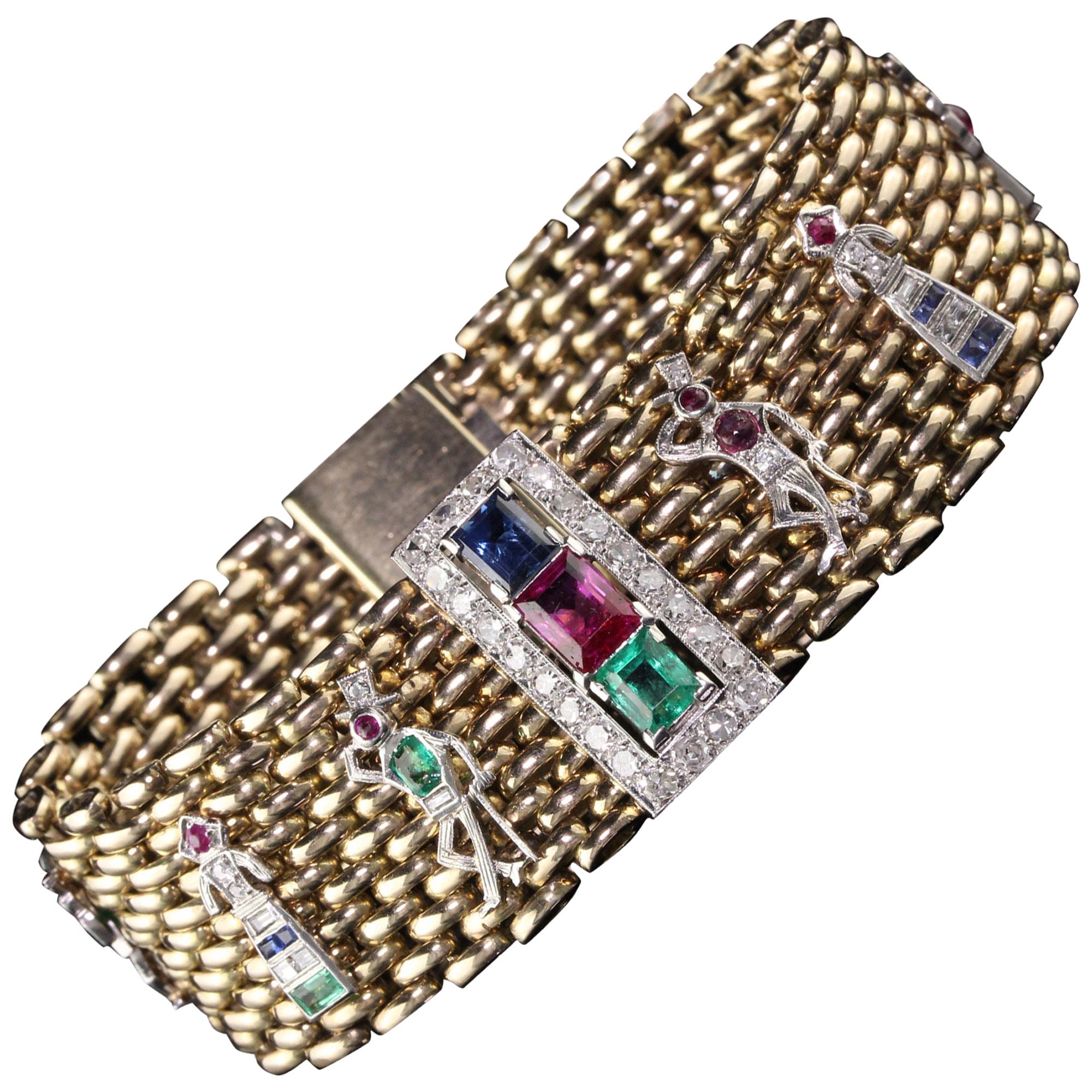 Bracelet à breloques de style rétro/Art déco en or jaune 14 carats et platine en vente