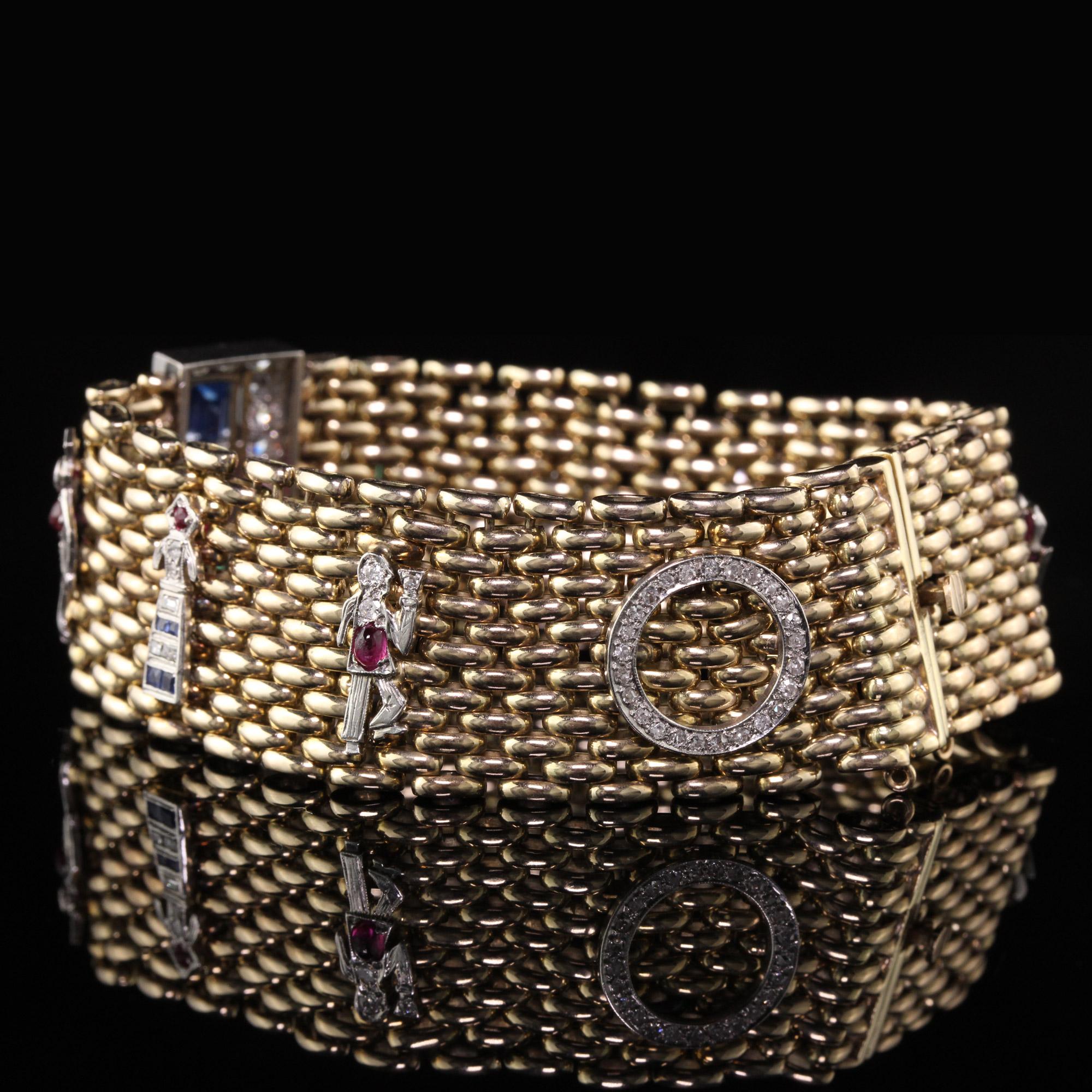 Women's or Men's Retro/Art Deco Style 14 Karat Yellow Gold and Platinum Charm Bracelet For Sale