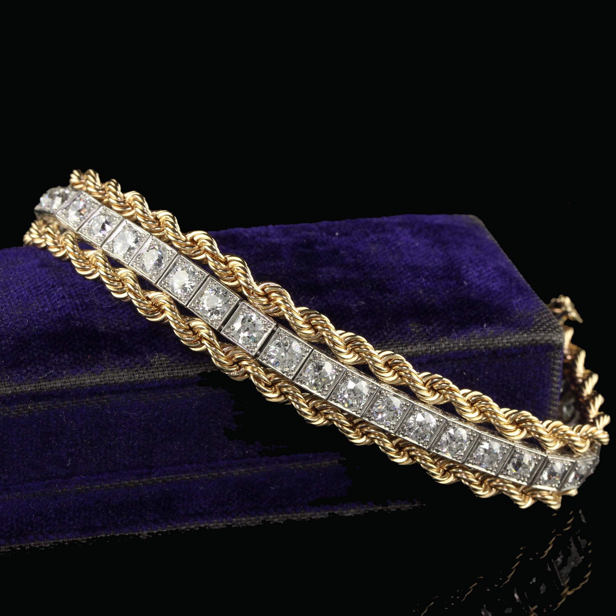 Beautiful Antique Retro Art Deco Platinum Yellow Gold Old Euro Diamond Bracelet. This gorgeous vintage estate old European diamond bracelet is crafted in platinum and yellow gold. This bracelet is a marriage of two different eras that came after one
