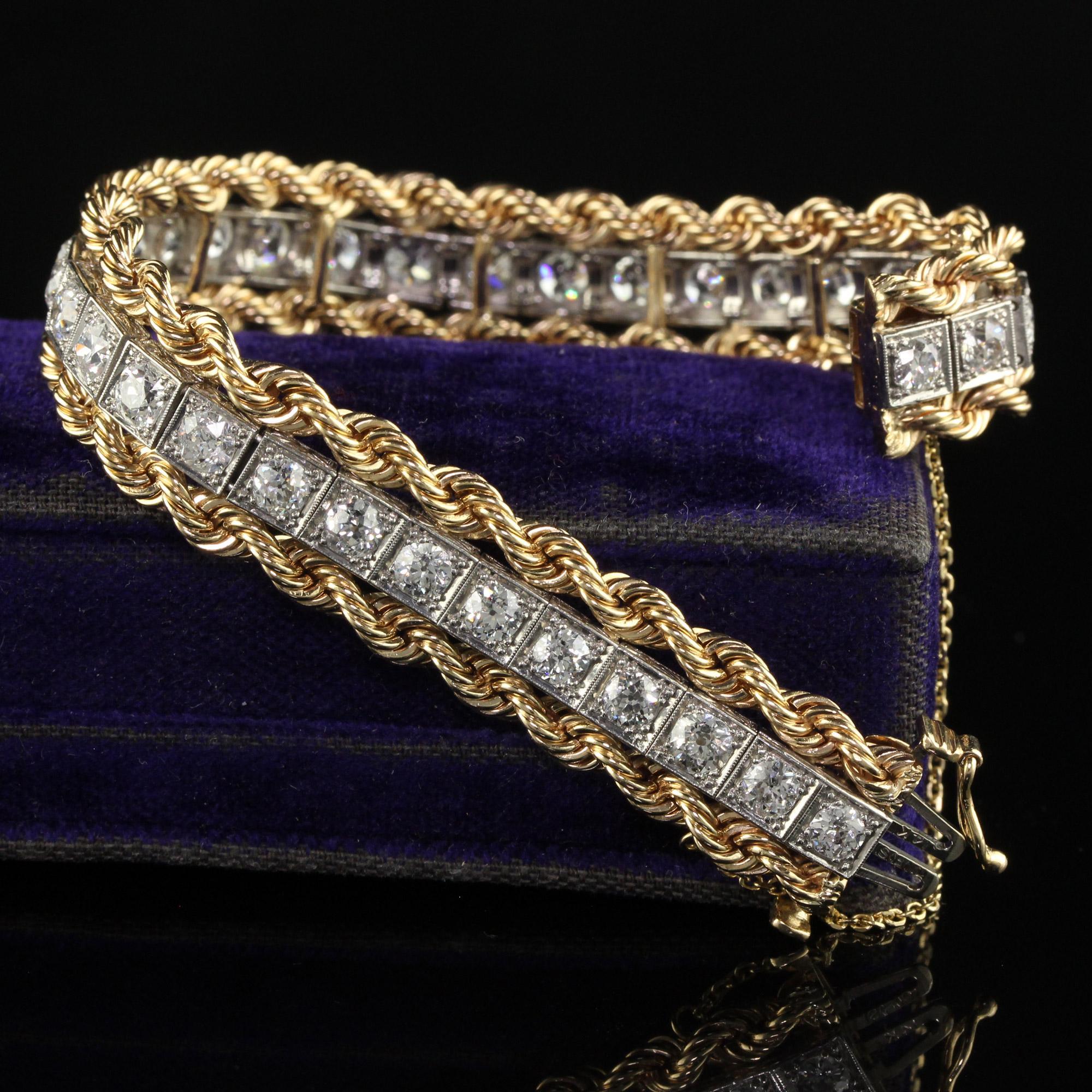 Antique Retro Art Deco Platinum Yellow Gold Old Euro Diamond Bracelet In Good Condition For Sale In Great Neck, NY