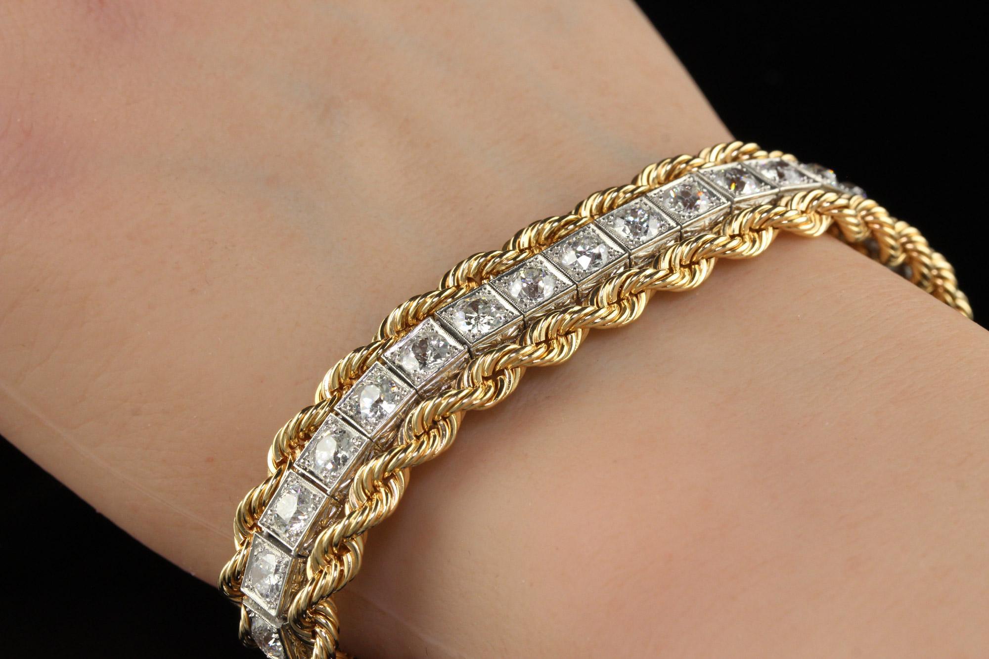 Bracelet art déco ancien rétro en platine, or jaune et diamants européens anciens en vente 2