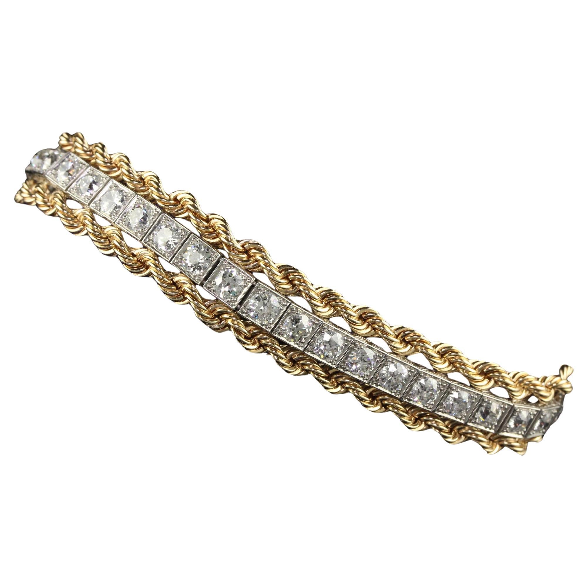 Bracelet art déco ancien rétro en platine, or jaune et diamants européens anciens en vente