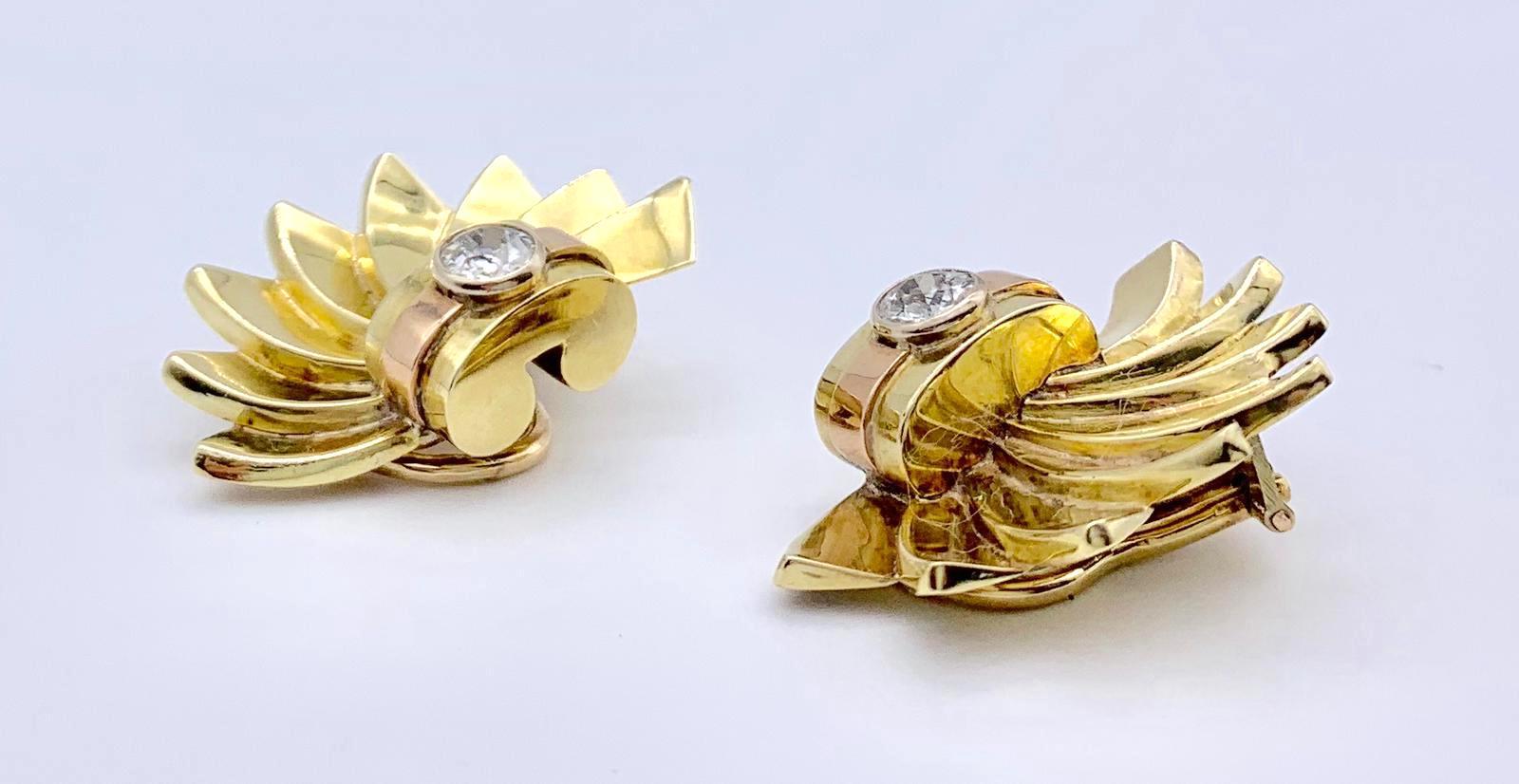Retro Diamant-Ohrclips in zweifarbigem Gold mit Sonnenschliff  Ohrclips im Zustand „Hervorragend“ im Angebot in Munich, Bavaria