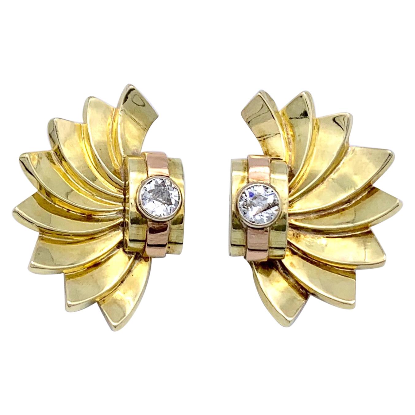 Retro Diamond Two Colour Gold Sun Burst Clip on Earrings  Earclips