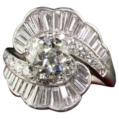 Antiker Retro-Cocktailring aus Platin mit altem europäischem und Baguette-Diamant - GIA