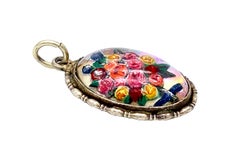 Antique Reverse Christal Silver Pendant Flower Bouquet