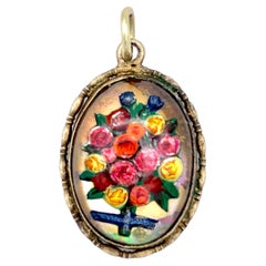 Antique Reverse Christal Silver Pendant Flower Bouquet