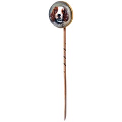 Antique Reverse Essex Crystal Intaglio Spaniel Gold Stick Pin