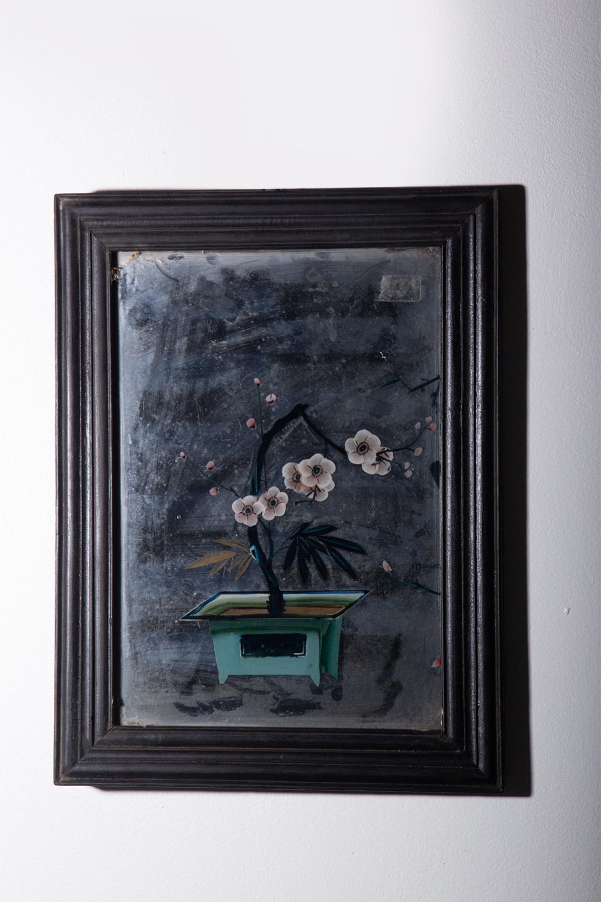 Antike Hinterglasmalerei mit Bonsai (Chinoiserie) im Angebot
