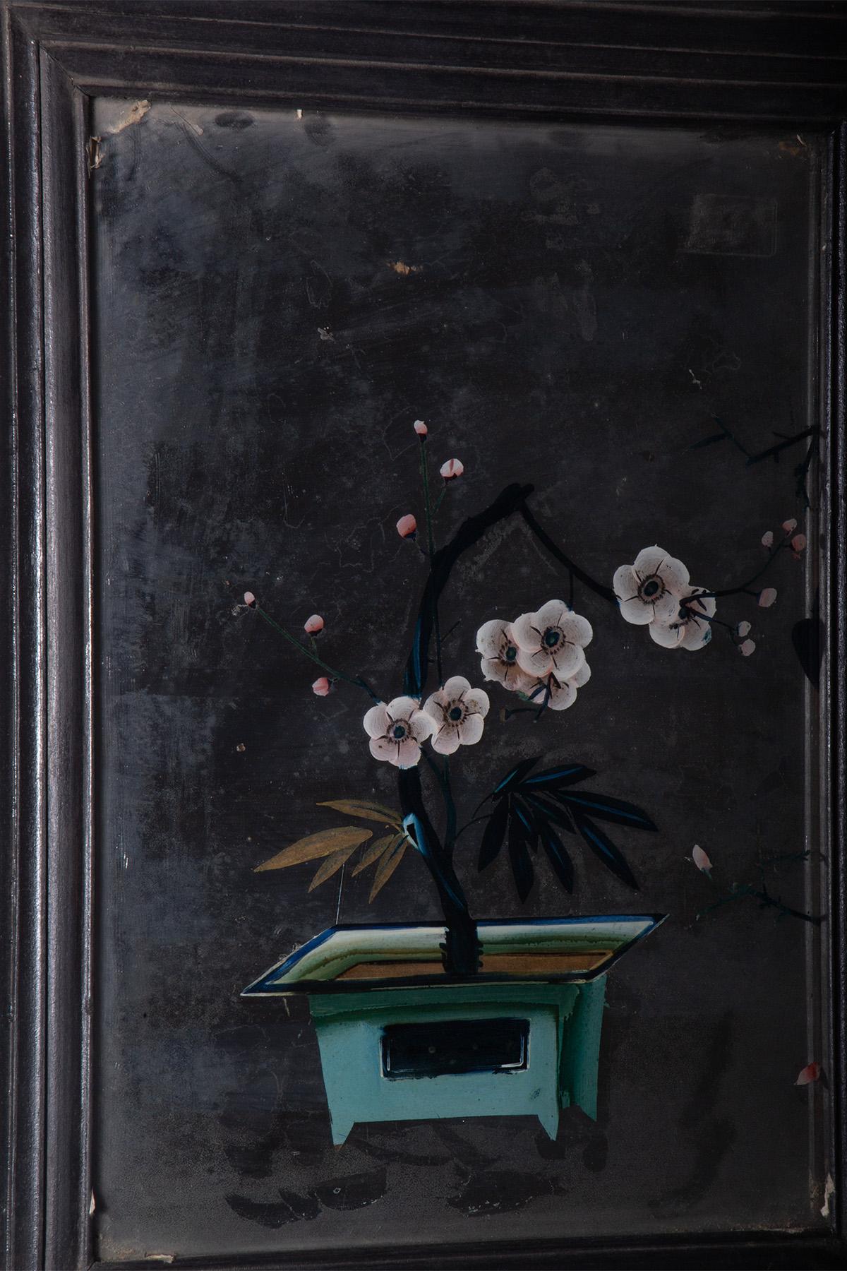 Antike Hinterglasmalerei mit Bonsai (Early 19th Century) im Angebot