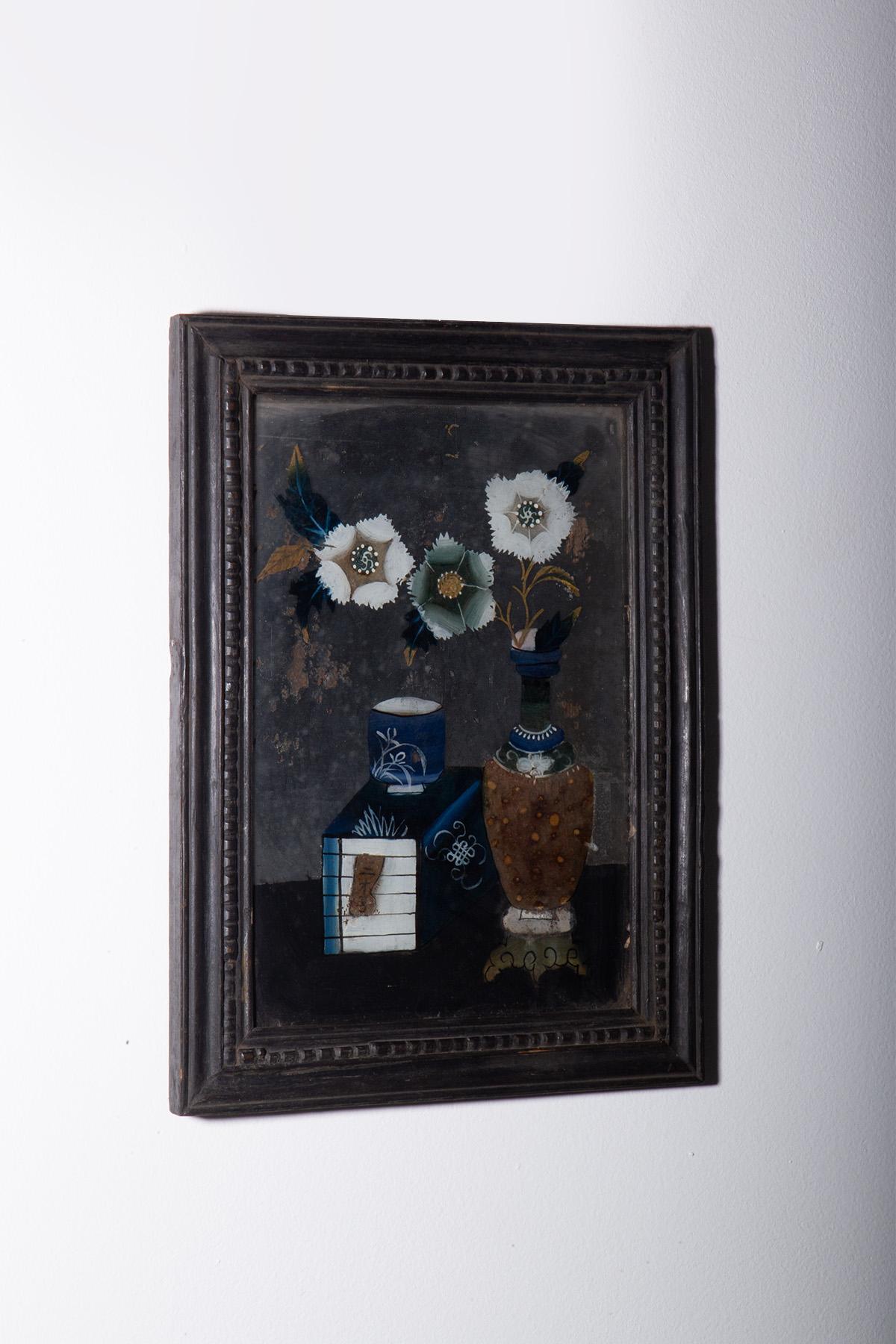 Cineserie Antique reverse glass painting with floral composition in vendita