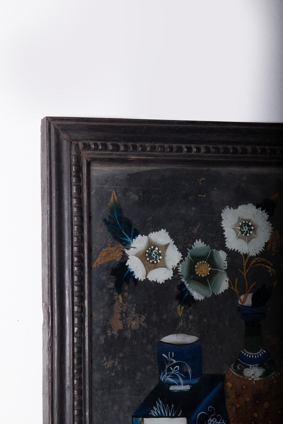 Vetro Antique reverse glass painting with floral composition in vendita