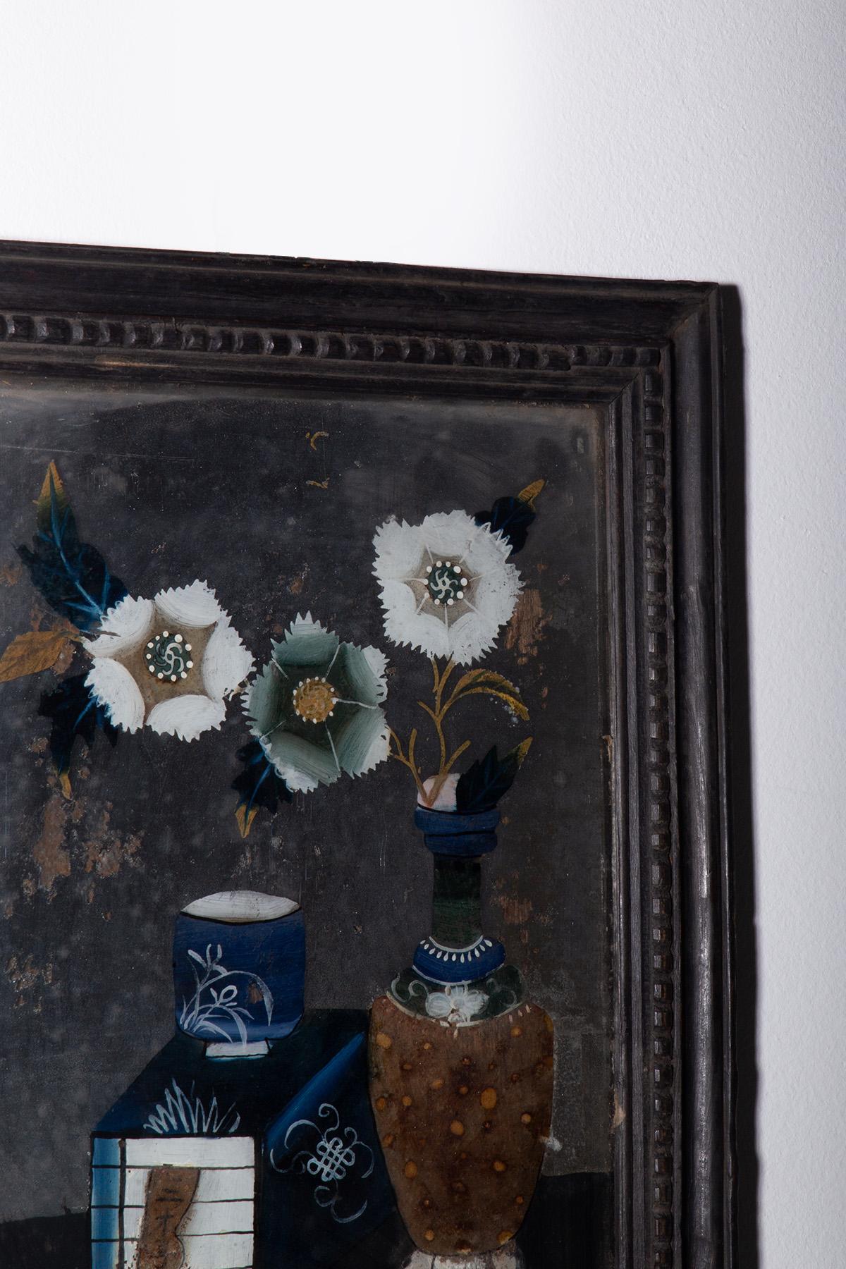 Antique reverse glass painting with floral composition in vendita 1