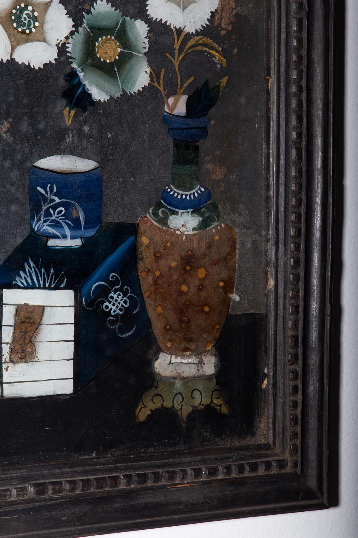 Antique reverse glass painting with floral composition in vendita 2