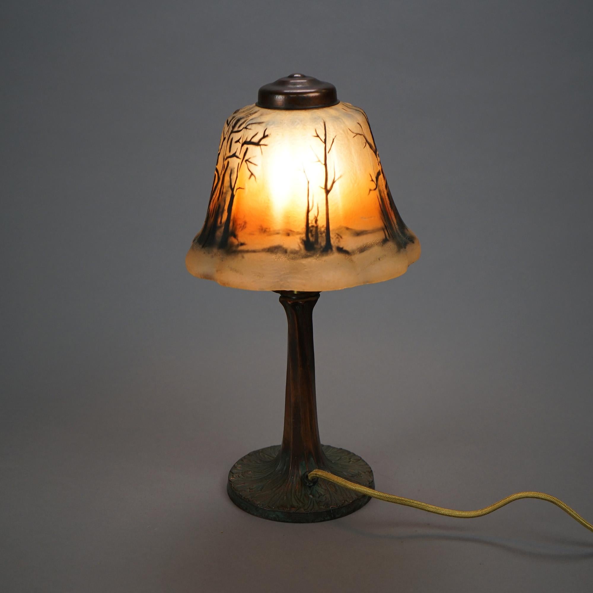American Antique Reverse Painted Boudoir Table Lamp, Landscape Scene, Circa 1920