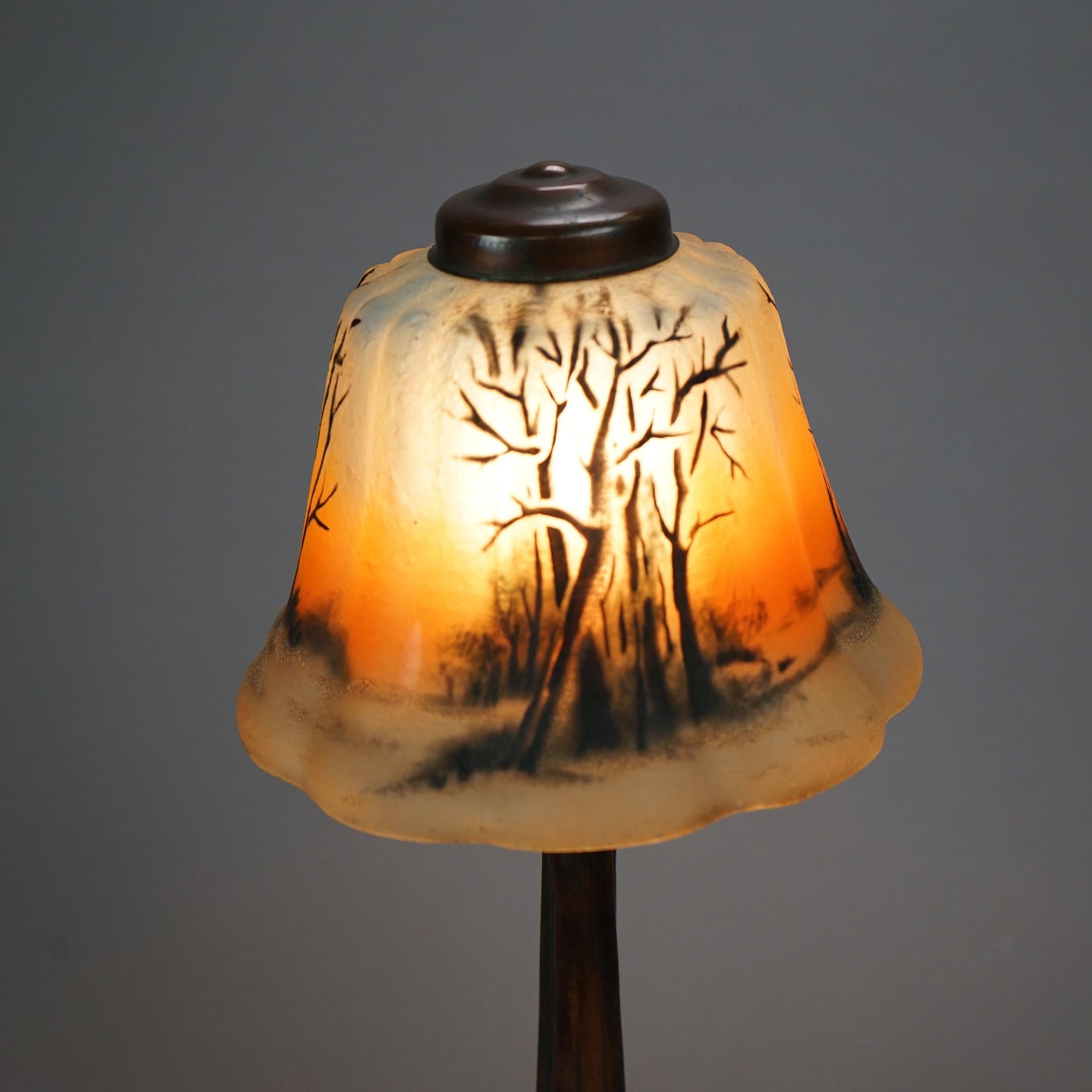 Hand-Painted Antique Reverse Painted Boudoir Table Lamp, Landscape Scene, Circa 1920