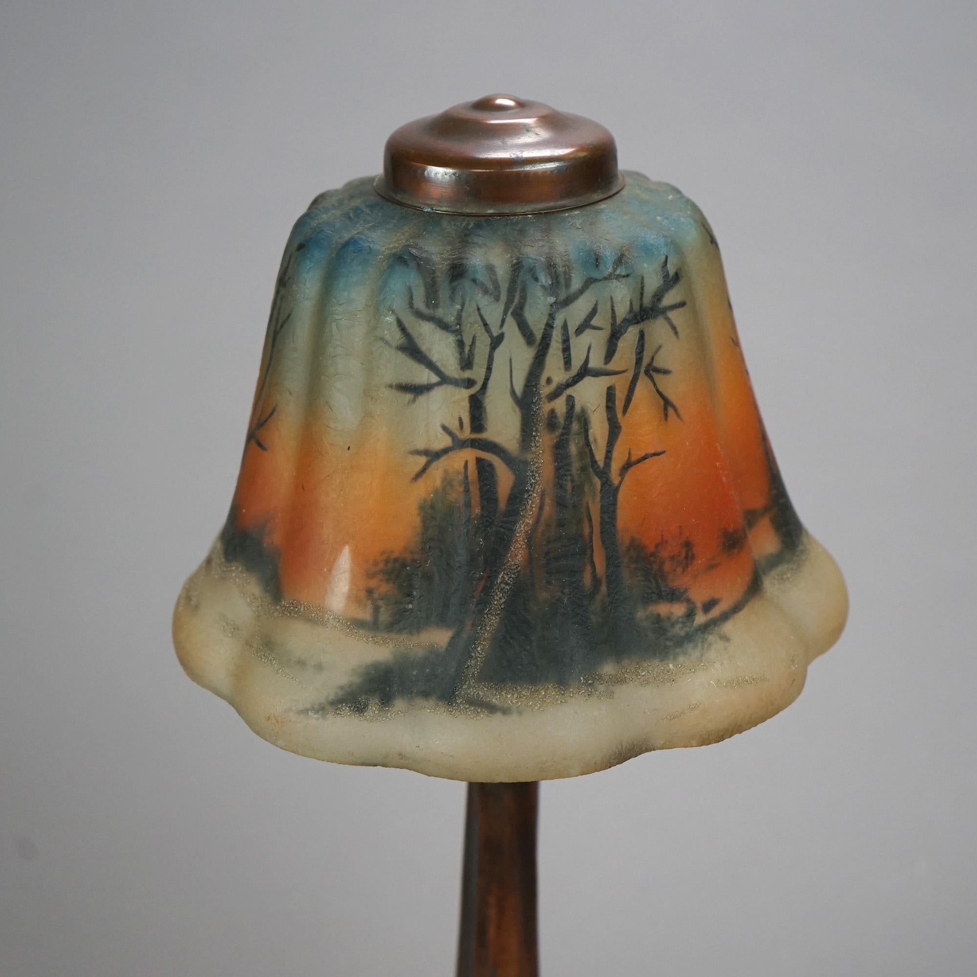 Antique Reverse Painted Boudoir Table Lamp, Landscape Scene, Circa 1920 In Good Condition In Big Flats, NY