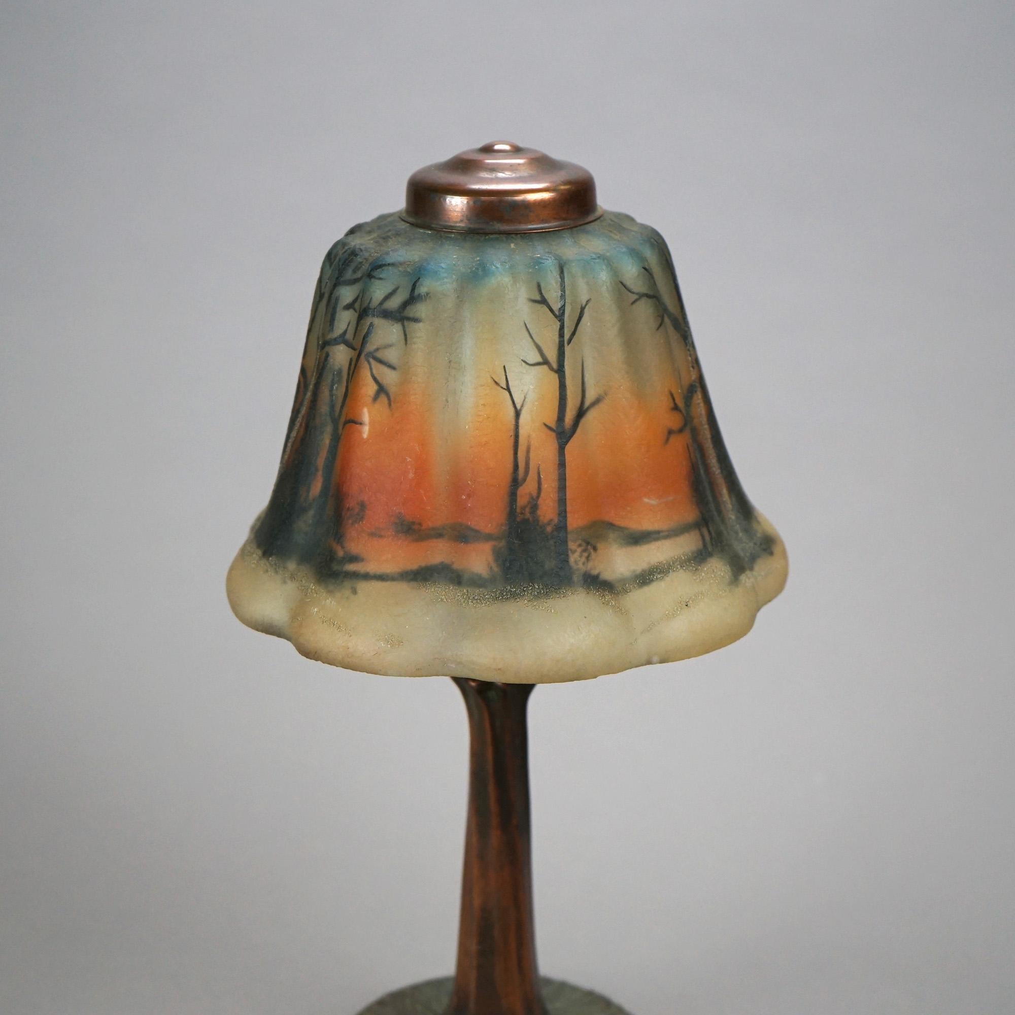 20th Century Antique Reverse Painted Boudoir Table Lamp, Landscape Scene, Circa 1920