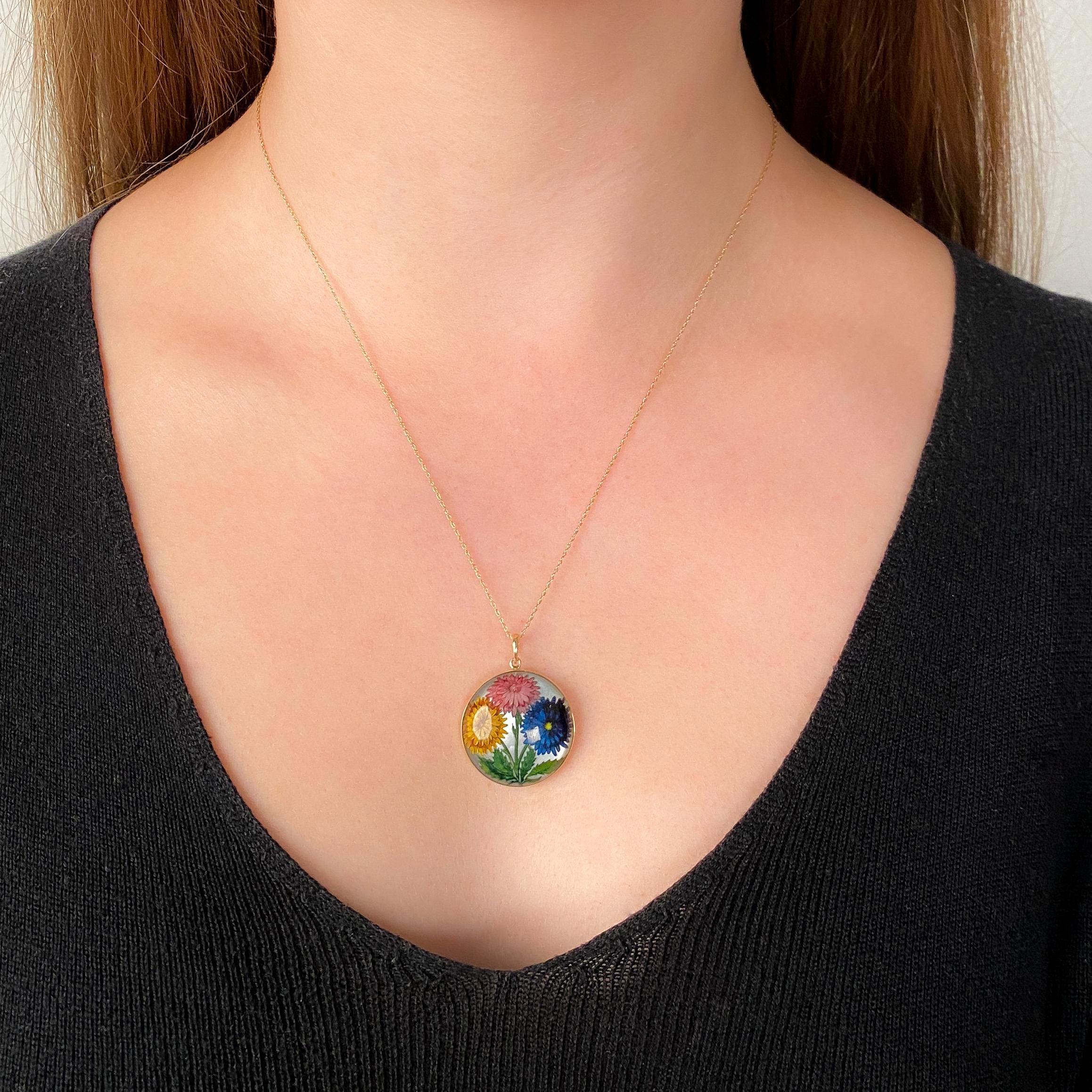 Pendentif fleur en cristal peint à l'envers en or 14k Pour femmes en vente
