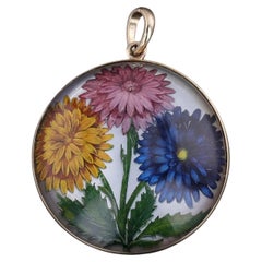 Pendentif fleur en cristal peint à l'envers en or 14k