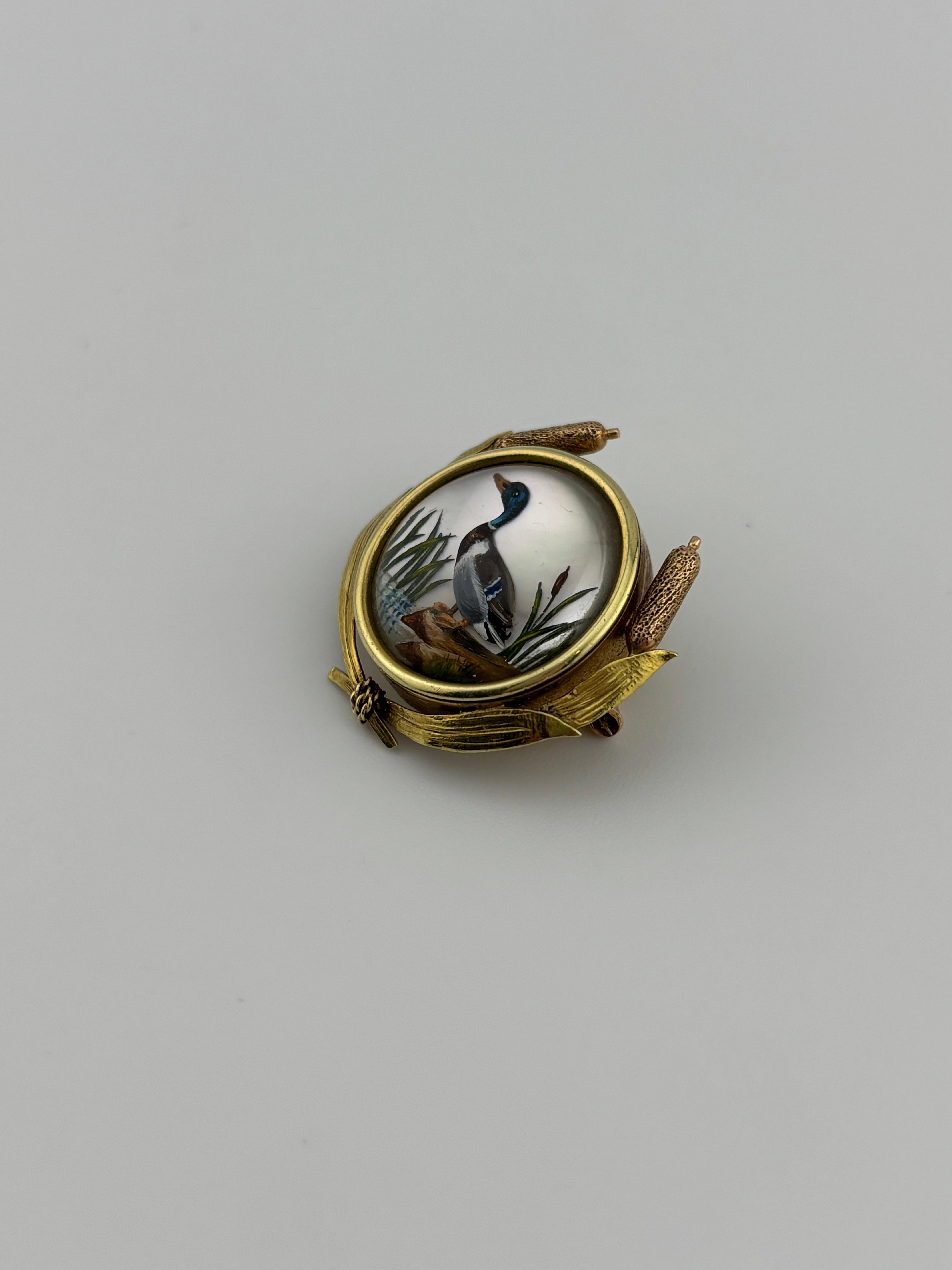 Victorian Antique Reverse Painted Essex Rock Crystal 14k Yellow Gold Duck Brooch/Pin For Sale