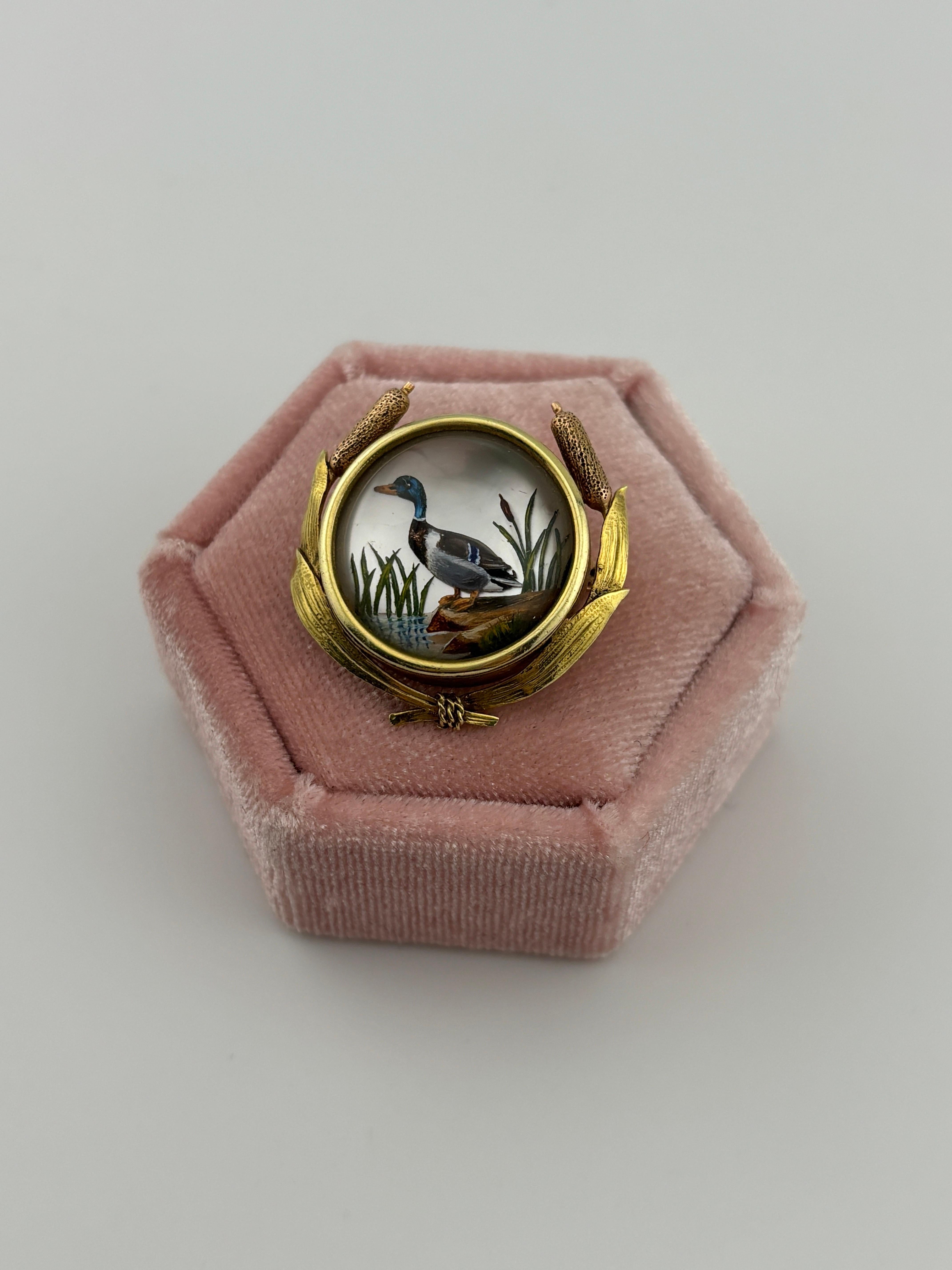 Women's or Men's Antique Reverse Painted Essex Rock Crystal 14k Yellow Gold Duck Brooch/Pin For Sale