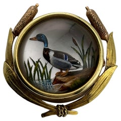 Antique Reverse Painted Essex Rock Crystal 14k Yellow Gold Duck Brooch/Pin