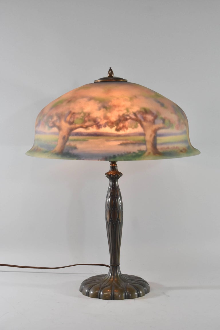 Antique Reverse Painted Pairpoint Lamp Artist Signed W. Macy Landscape  Scene For Sale at 1stDibs