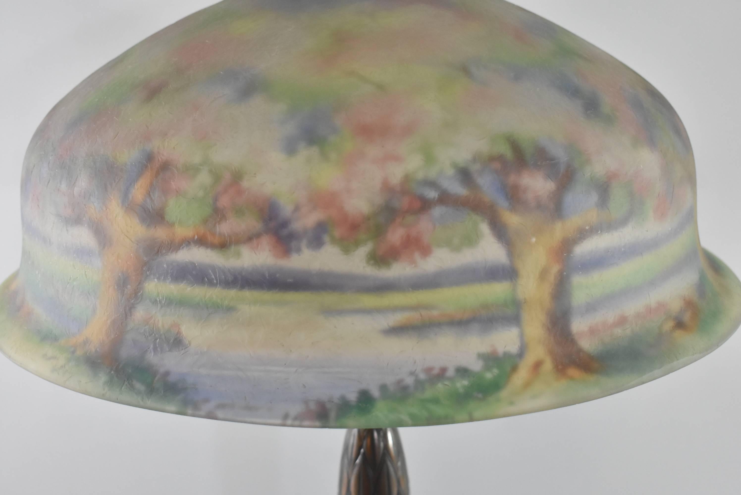 American Classical Antique Reverse Painted Pairpoint Lamp Artist Signed W. Macy Landscape Scene
