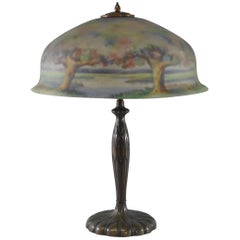 Antique Reverse Painted Pairpoint Lamp Artist Signed W. Macy Landscape Scene