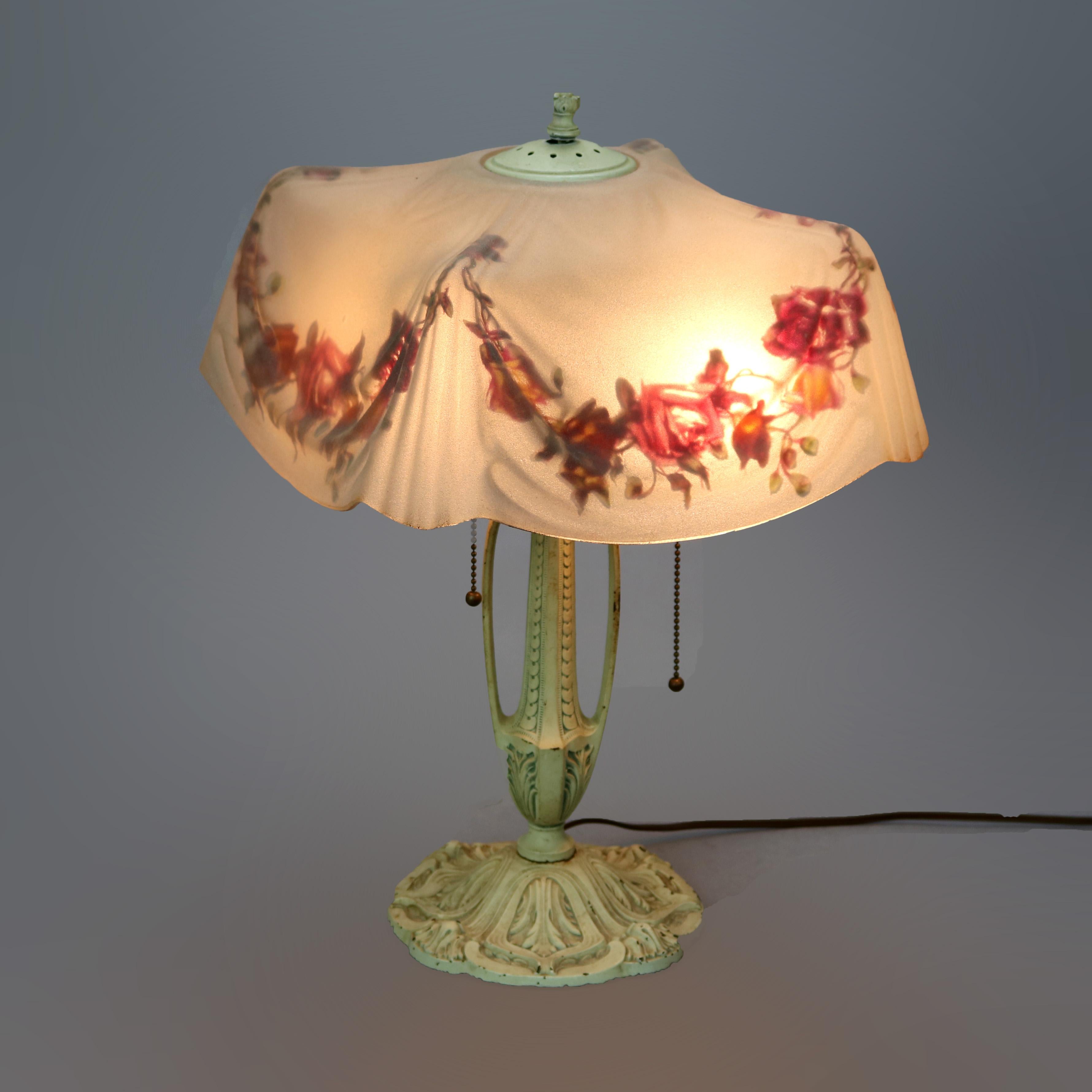 Arts and Crafts Antique Reverse Painted Pittsburgh Table Lamp with Molded Drapery Shade, c 1910