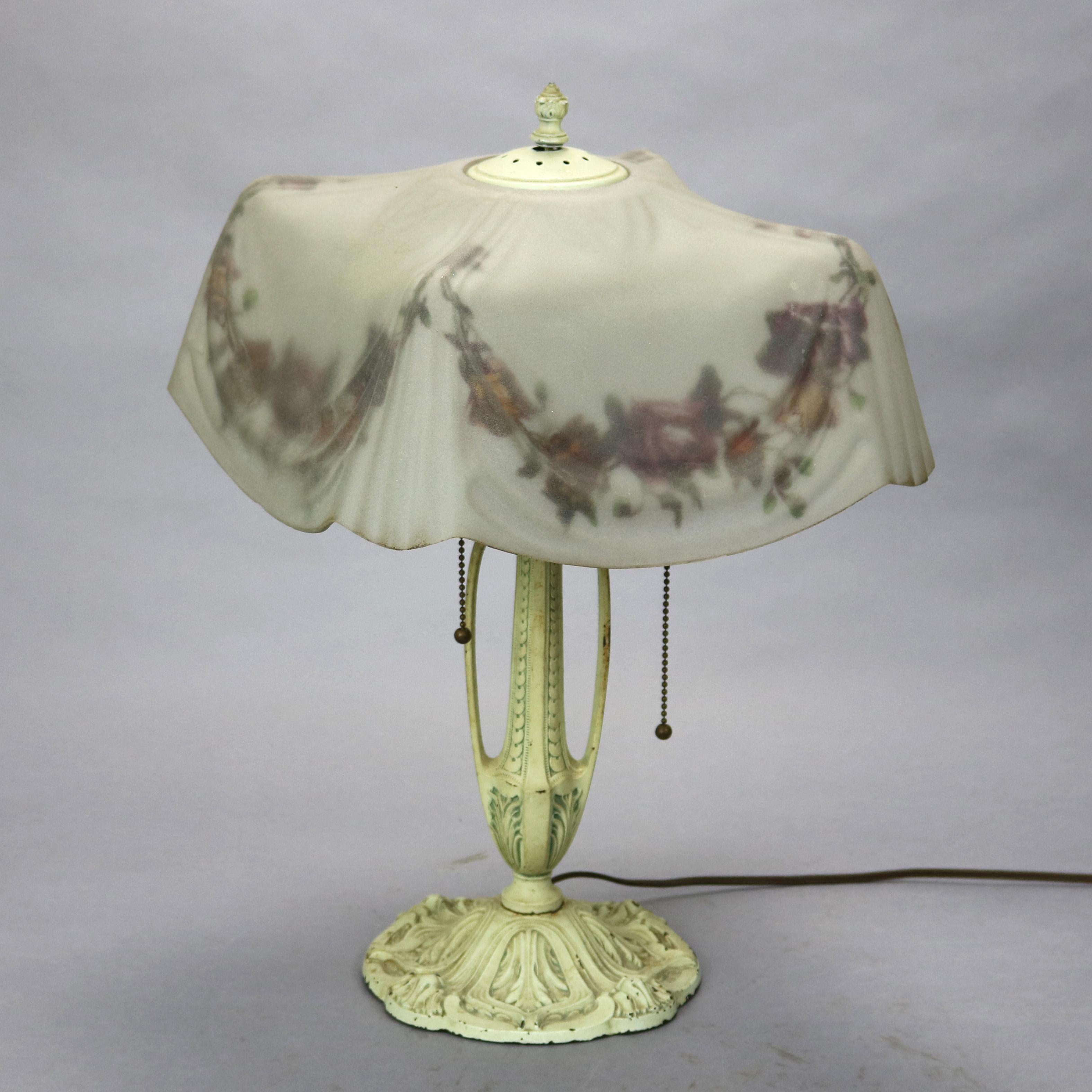 American Antique Reverse Painted Pittsburgh Table Lamp with Molded Drapery Shade, c 1910