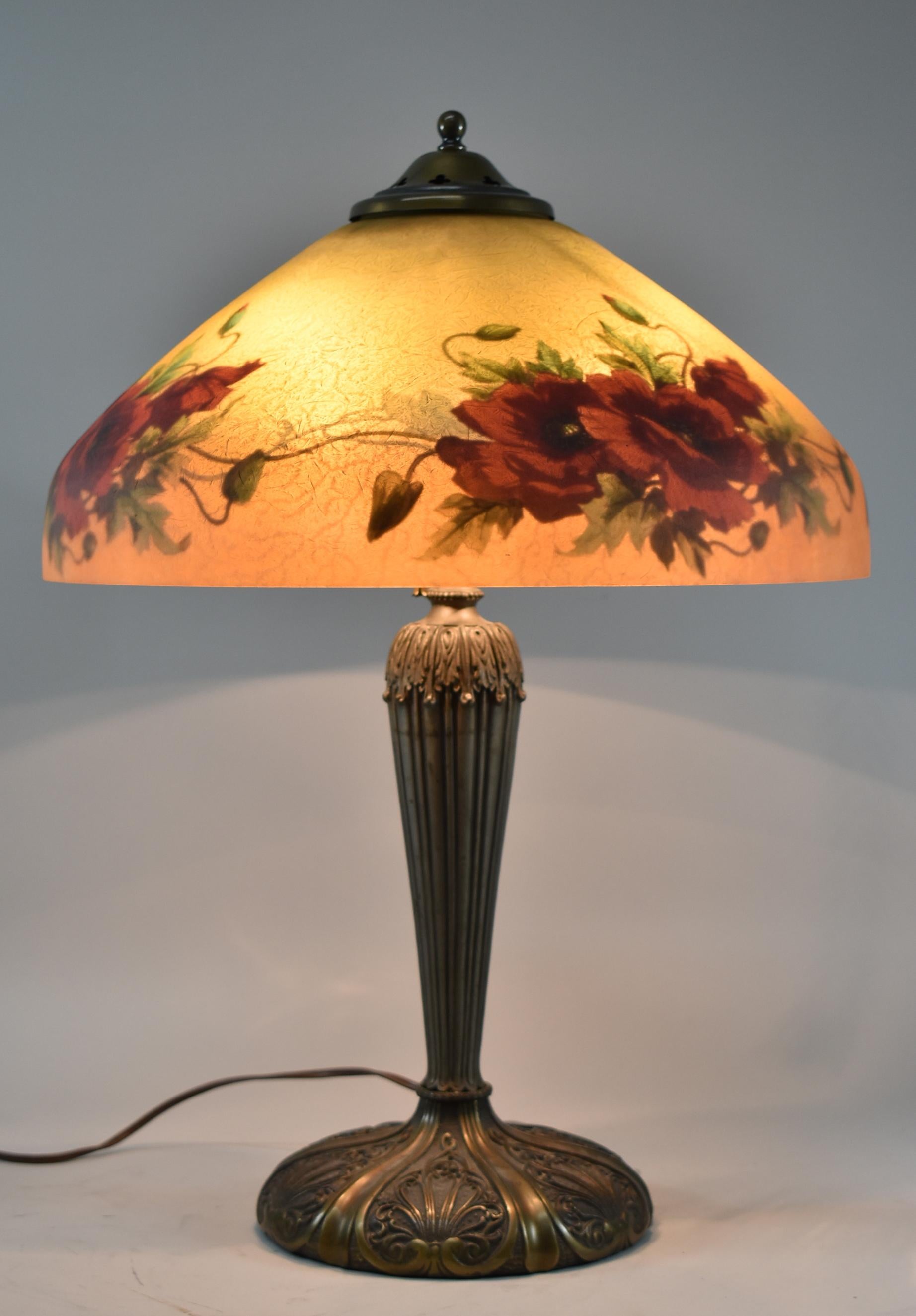 Art Nouveau Antique Reverse Painted Style Pittsburg Table Lamp with Poppies