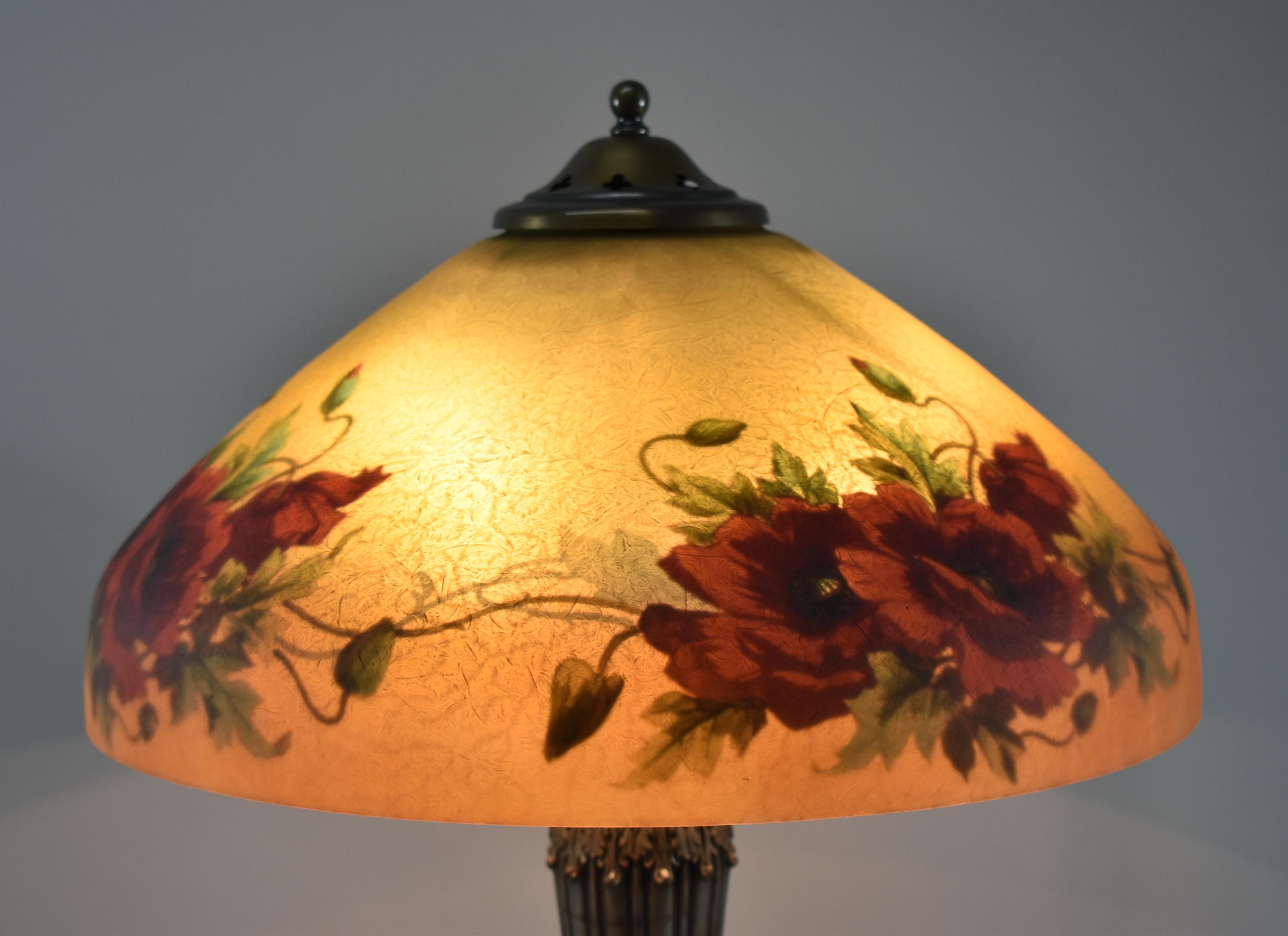 North American Antique Reverse Painted Style Pittsburg Table Lamp with Poppies