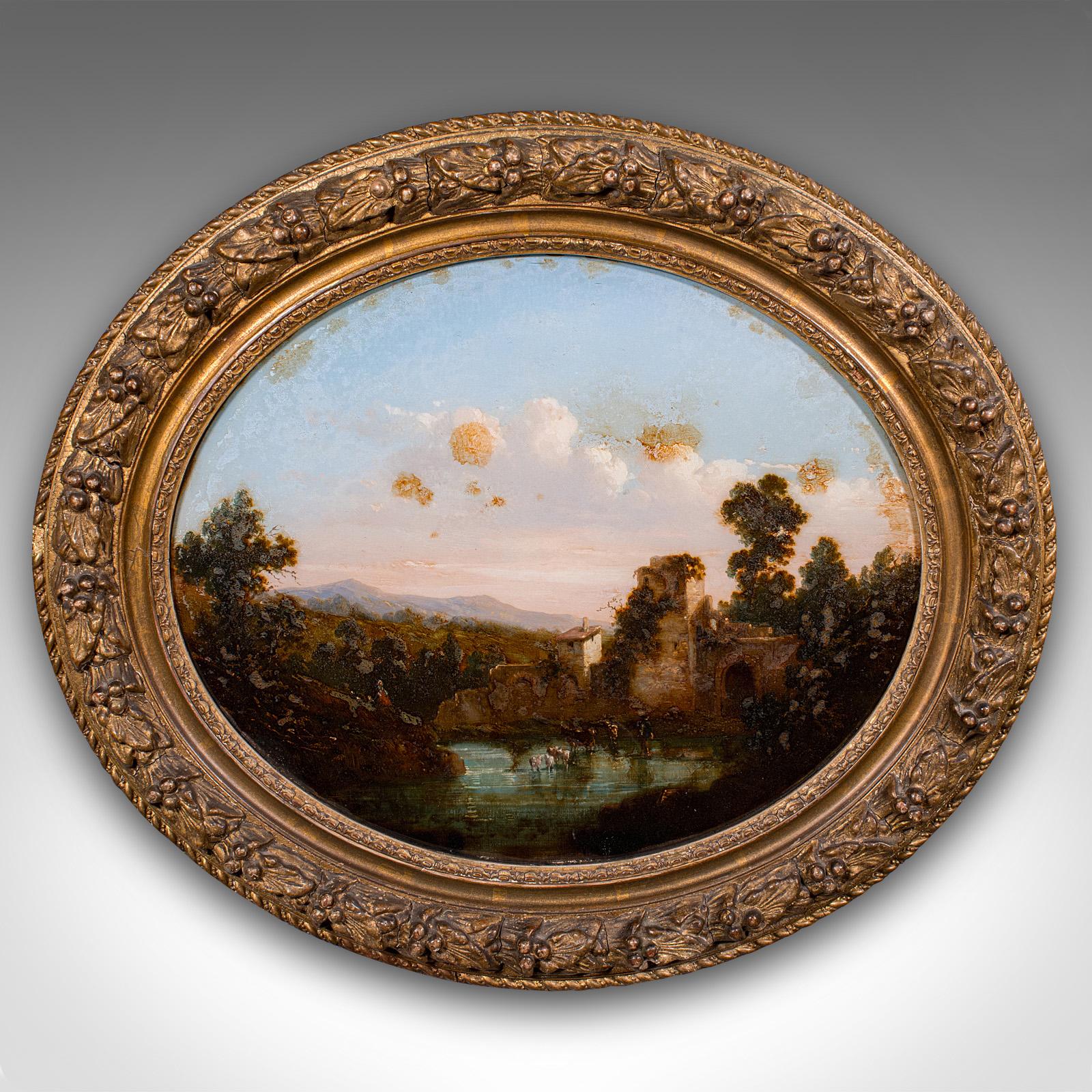 Dies ist ein charmantes antikes Hinterglasbild. Ein englisches Schabkunstwerk aus Glas in einem vergoldeten Rahmen aus der Mitte des viktorianischen Zeitalters, um 1860. Dieses Stück zeigt eine ruhige Landschaftsszene mit feinen Details und