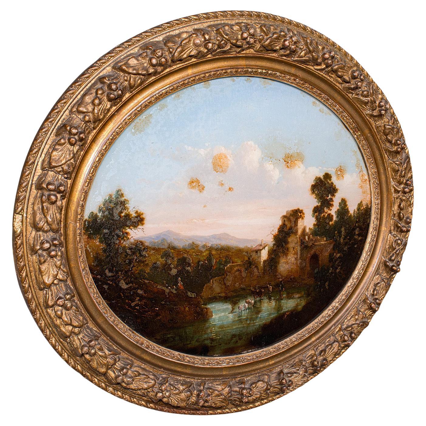 Antique Reverse Painting, English, Landscape Art, Picture, Framed, Victorian