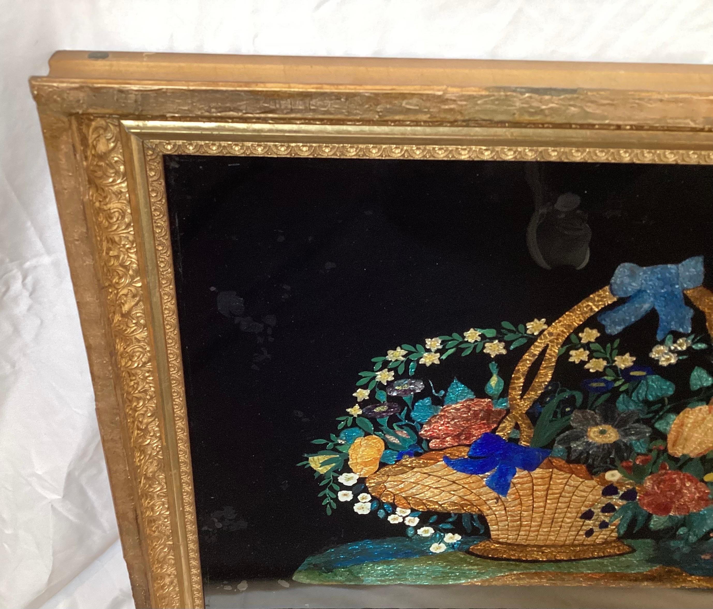 Victorian Antique Reverse Painting with Foil of Floral Still Life  For Sale