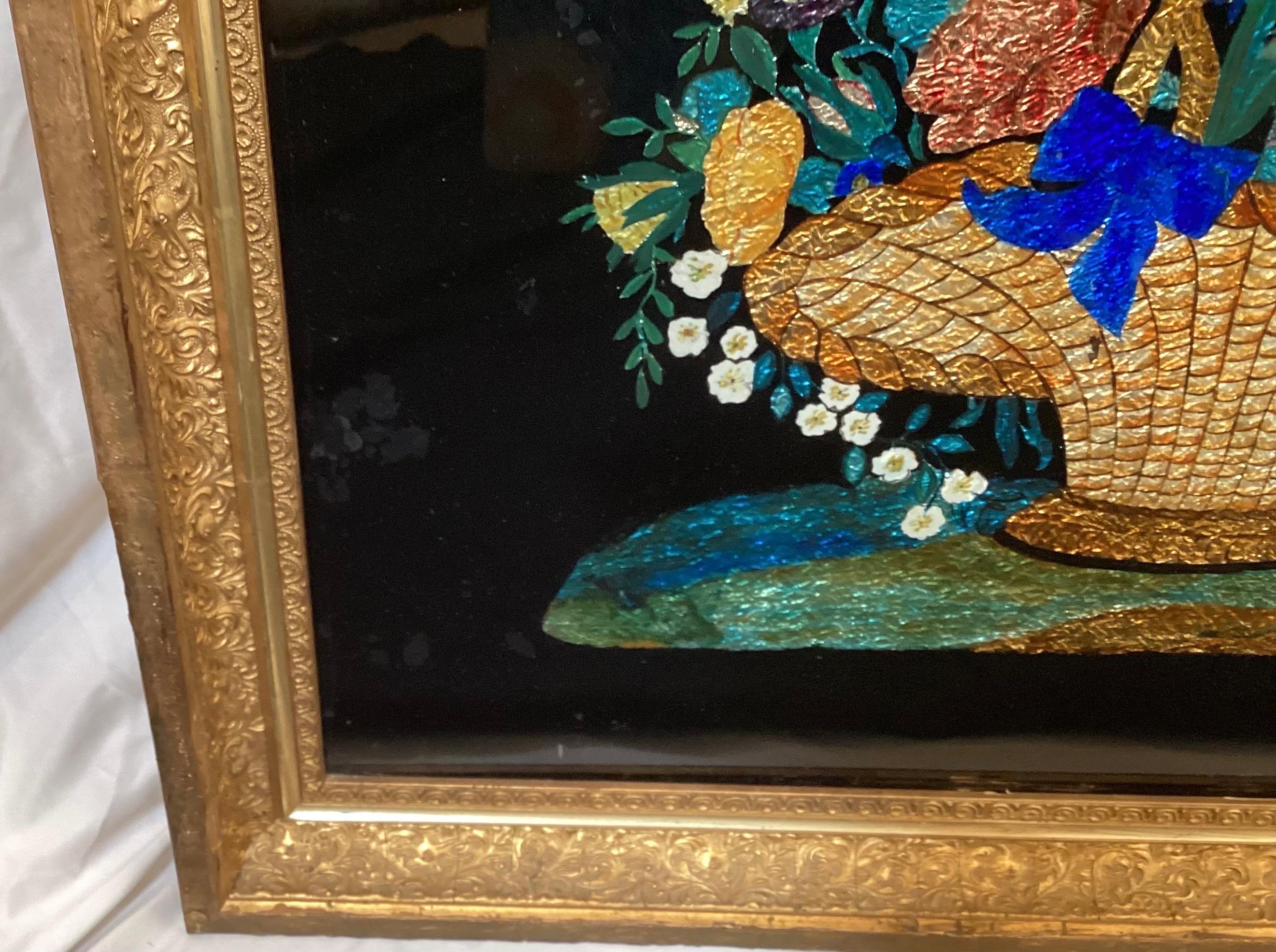 American Antique Reverse Painting with Foil of Floral Still Life  For Sale