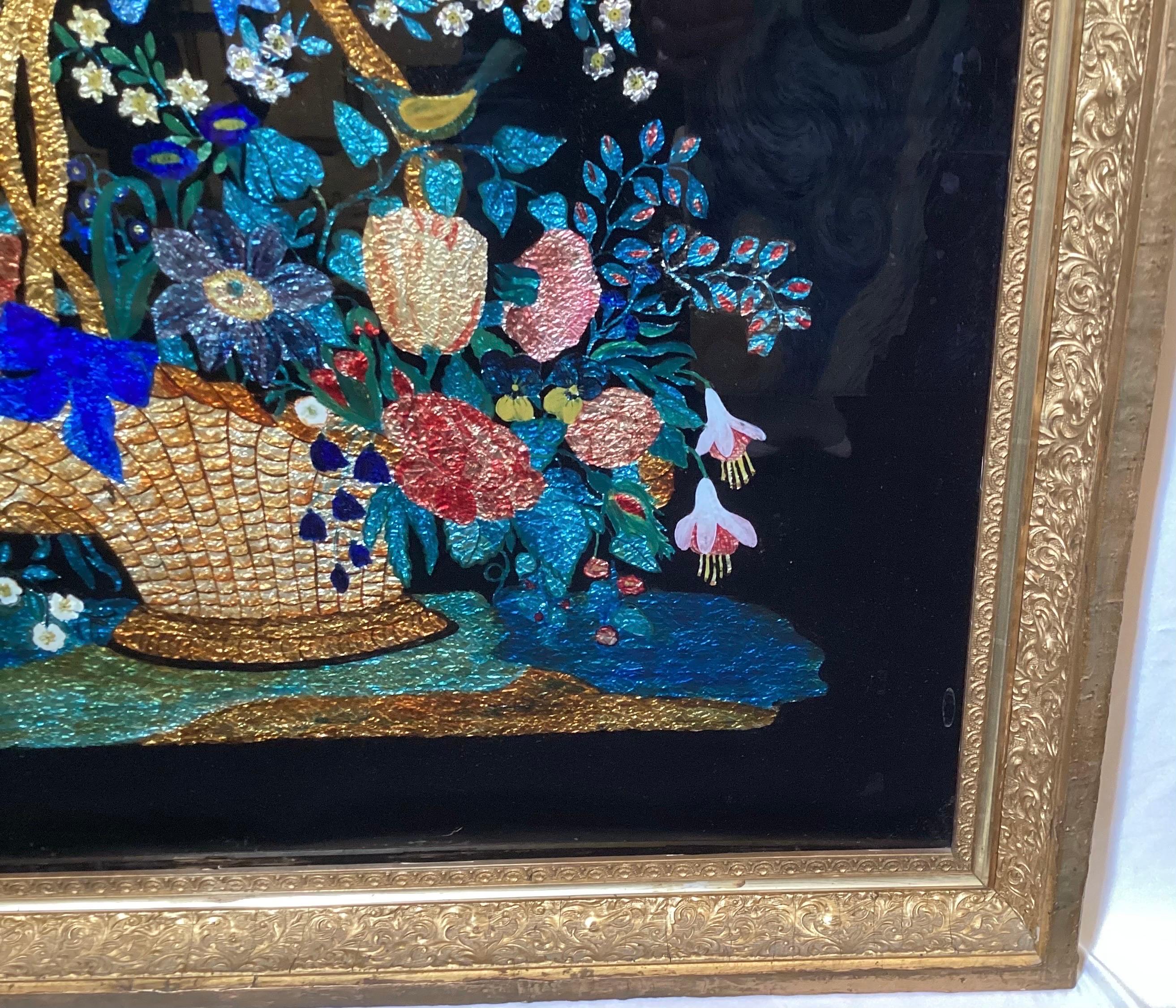 Antique Reverse Painting with Foil of Floral Still Life  In Good Condition For Sale In Lambertville, NJ
