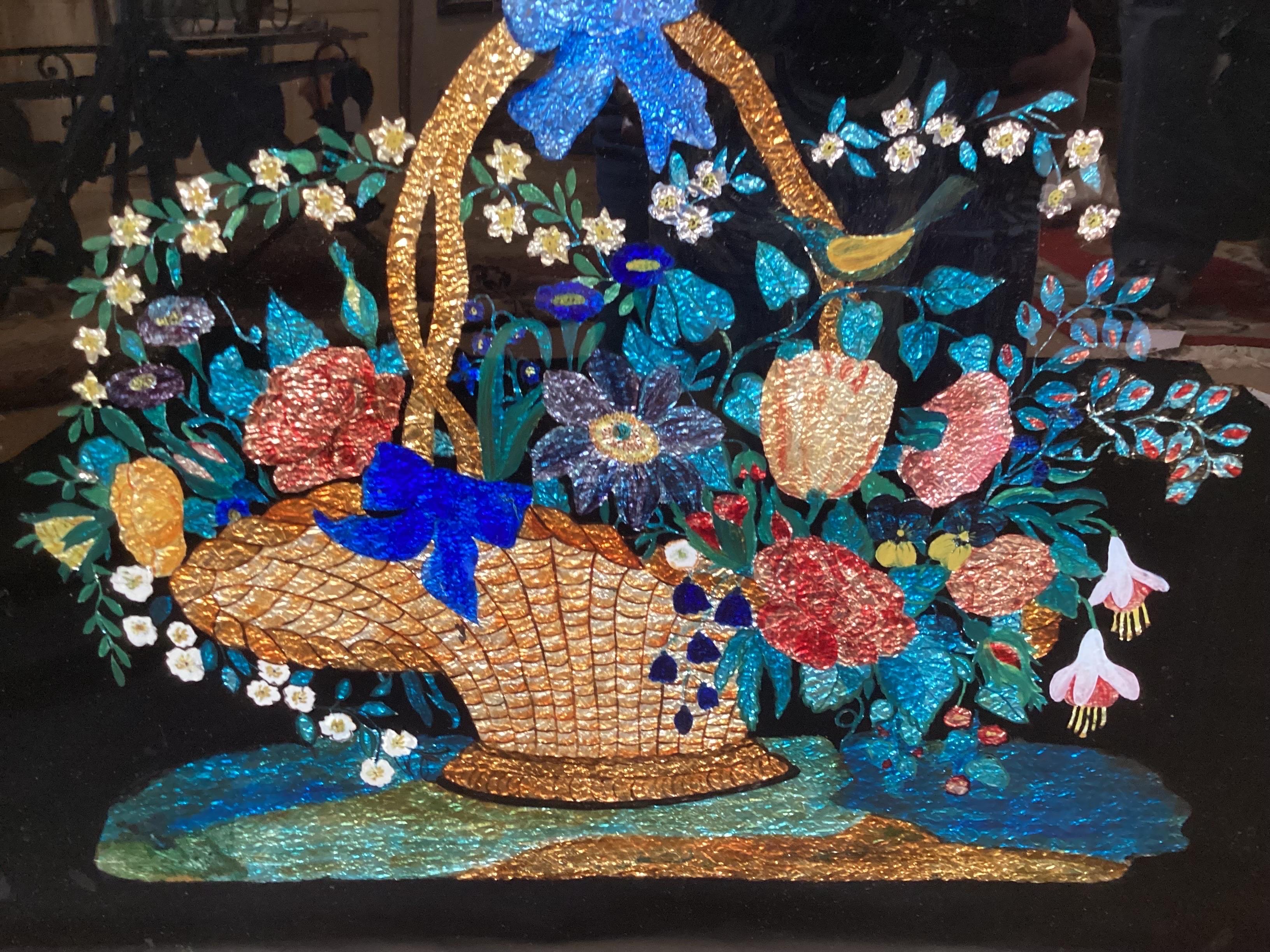 Antikes rückseitiges Gemälde mit Blumenstillleben  (Frühes 20. Jahrhundert) im Angebot