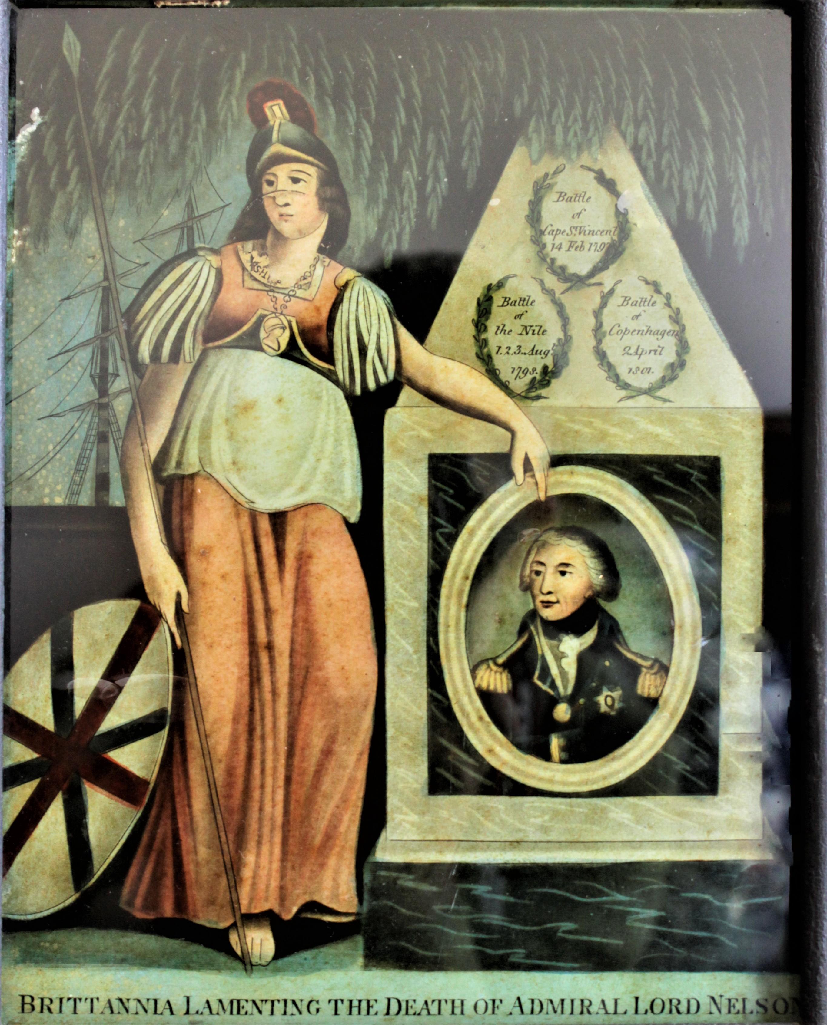 Anglais Panneau commémoratif ancien imprimé à l'envers pour la mort de l'amiral Lord Nelson en vente