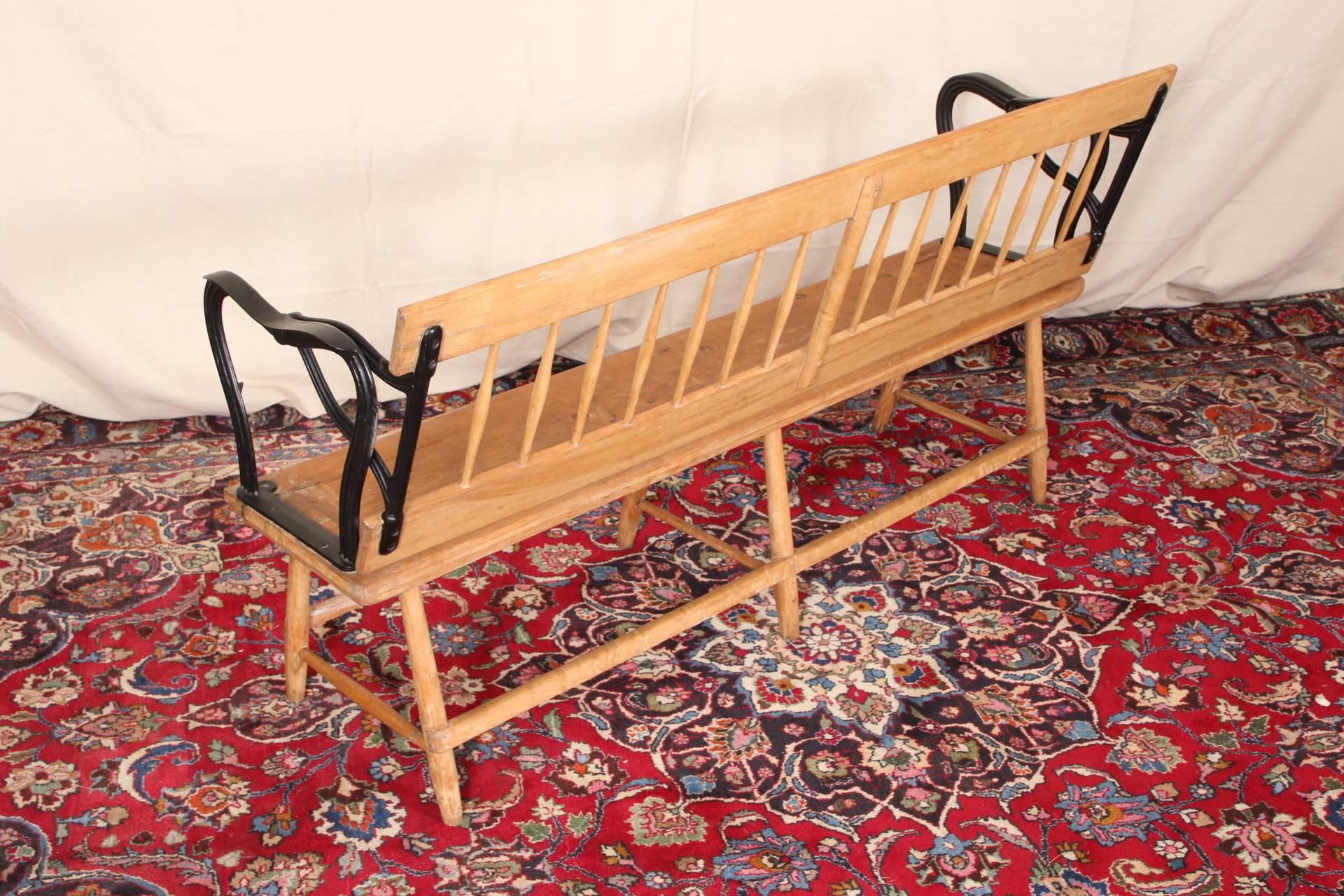 Rustic Antique Reversible Pine and Iron Bench