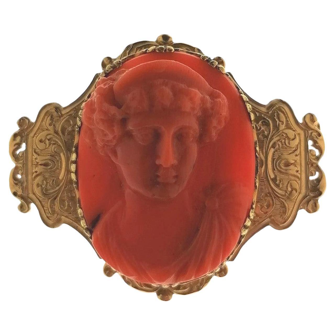 Antique Revival Coral Cameo Brooch in 22 Carat Gold For Sale