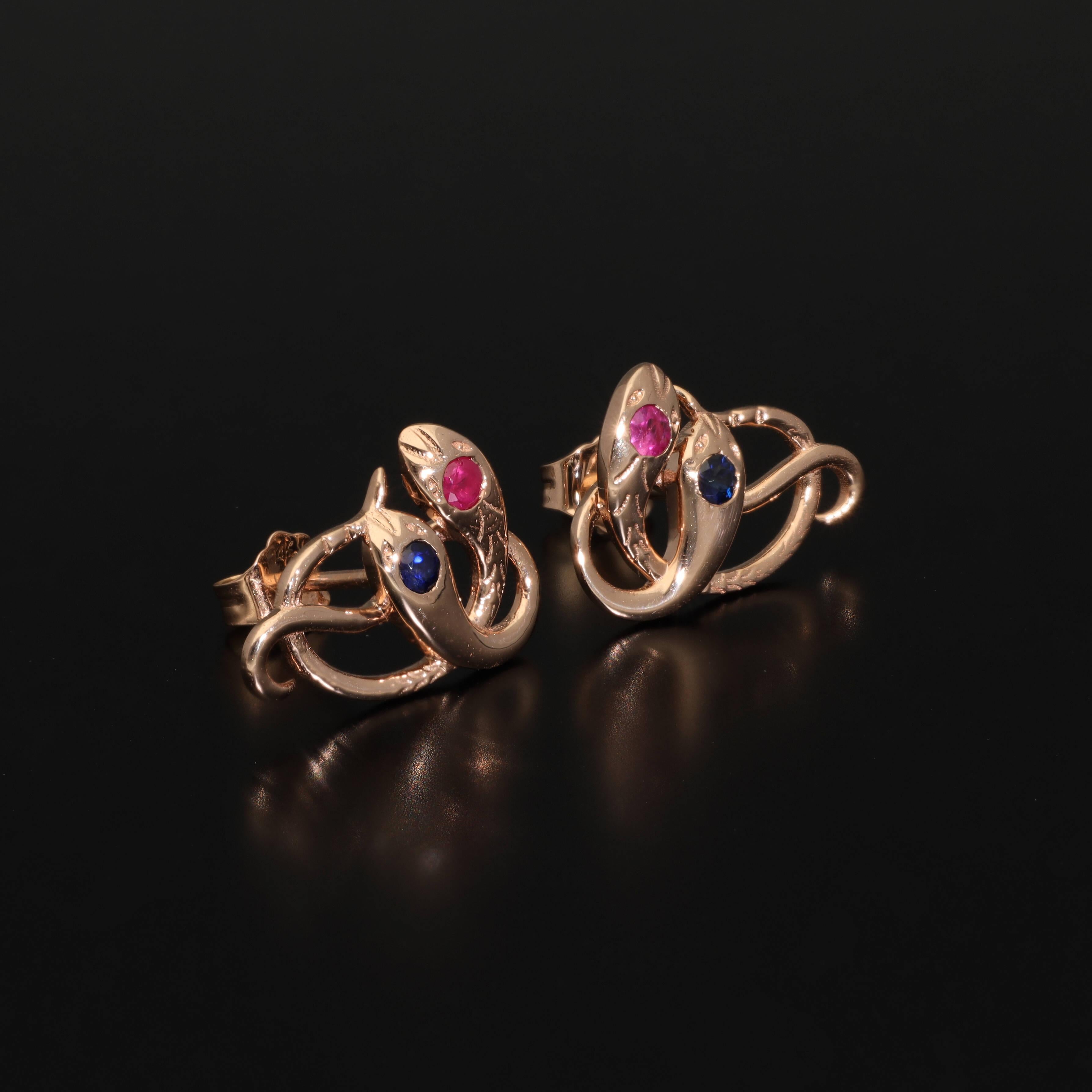 Edwardian Antique Revival Gold Snake Stud Earrings, Ruby Sapphire Rose Gold Serpent Studs For Sale