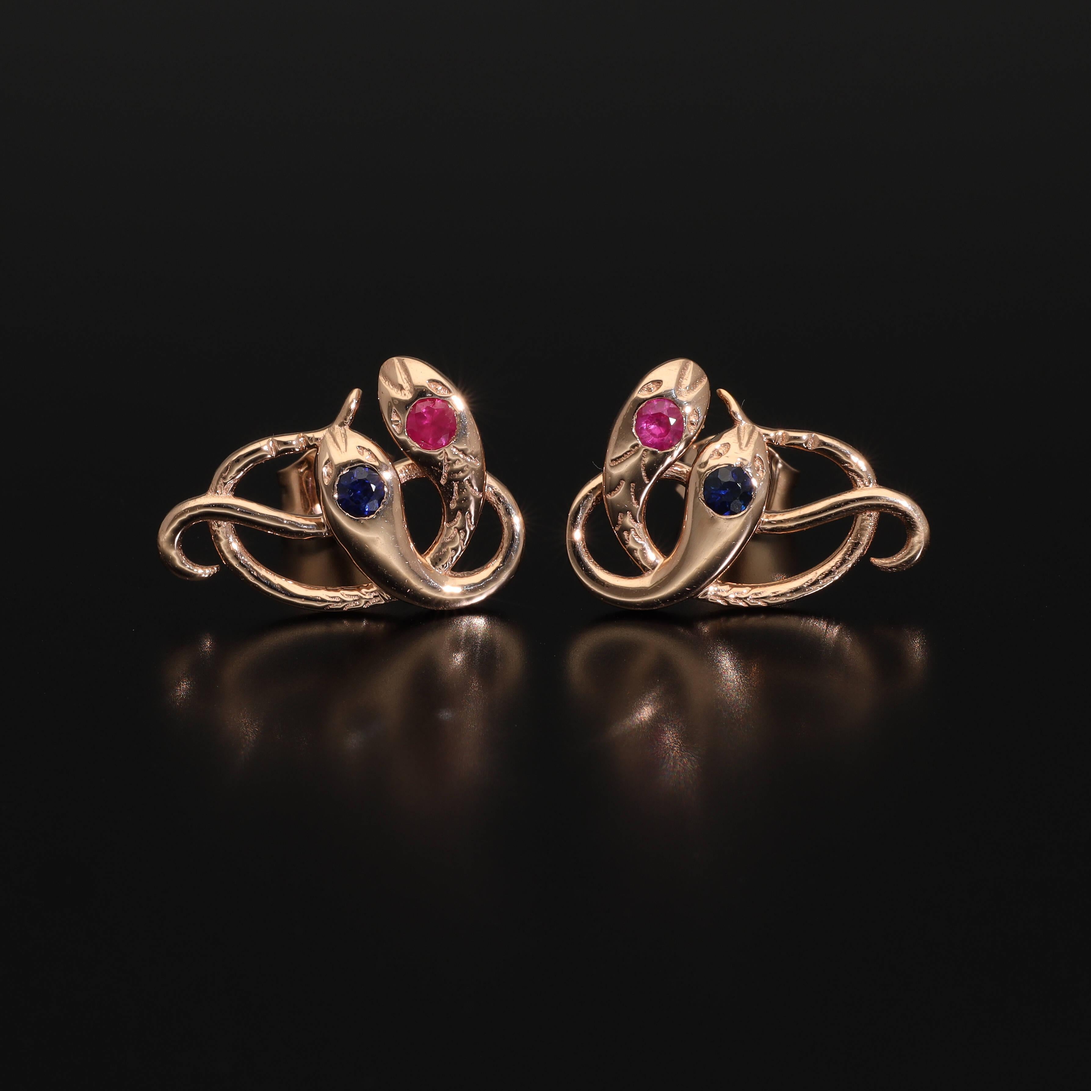 Antique Revival Gold Snake Stud Earrings, Ruby Sapphire Rose Gold Serpent Studs For Sale 2